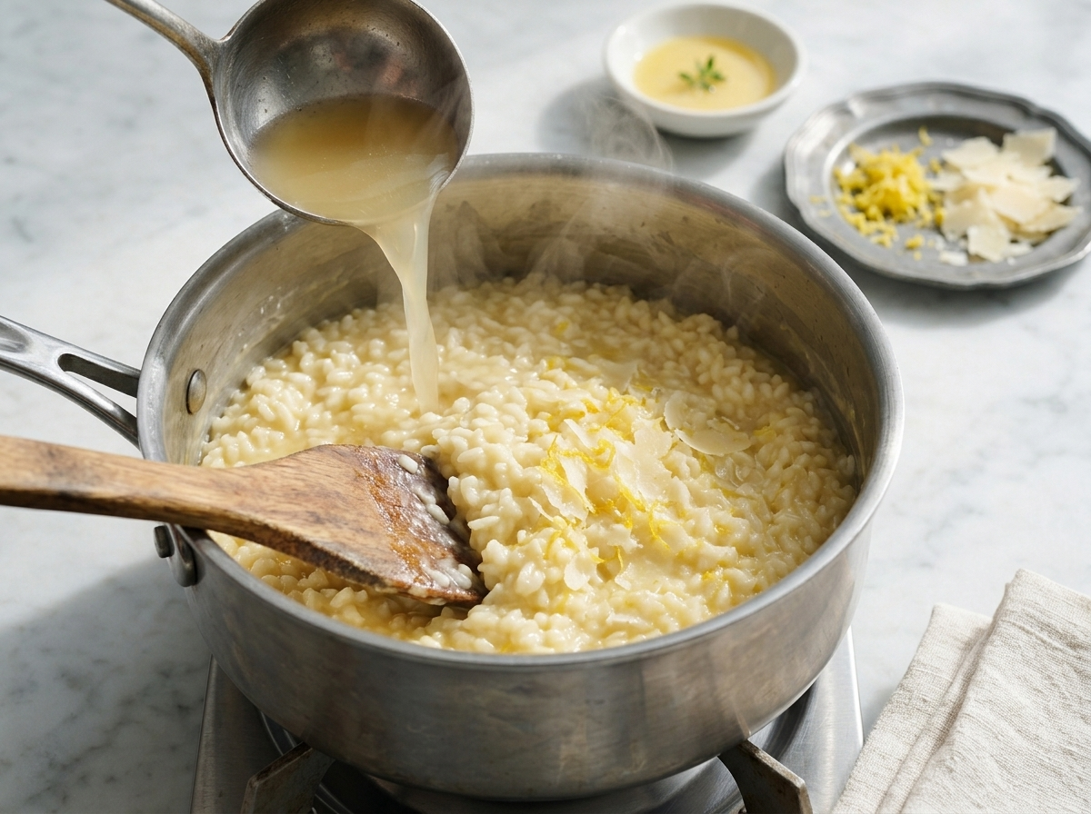 Wooden spoon stirring risotto in a heavy pot as warm stock gets ladled in, steam rising off the pale grains.