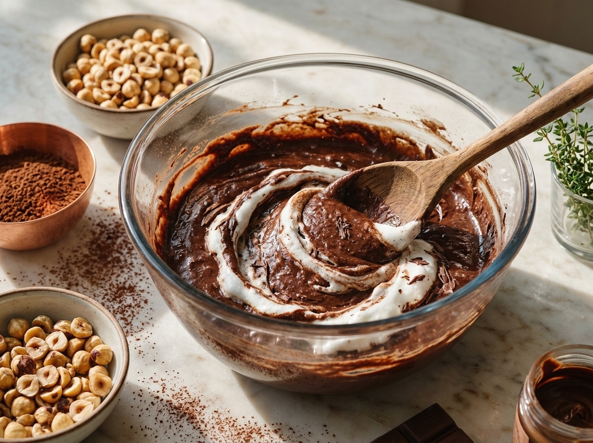Folding whipped egg whites into dark chocolate hazelnut batter in a glass bowl with visible white streaks