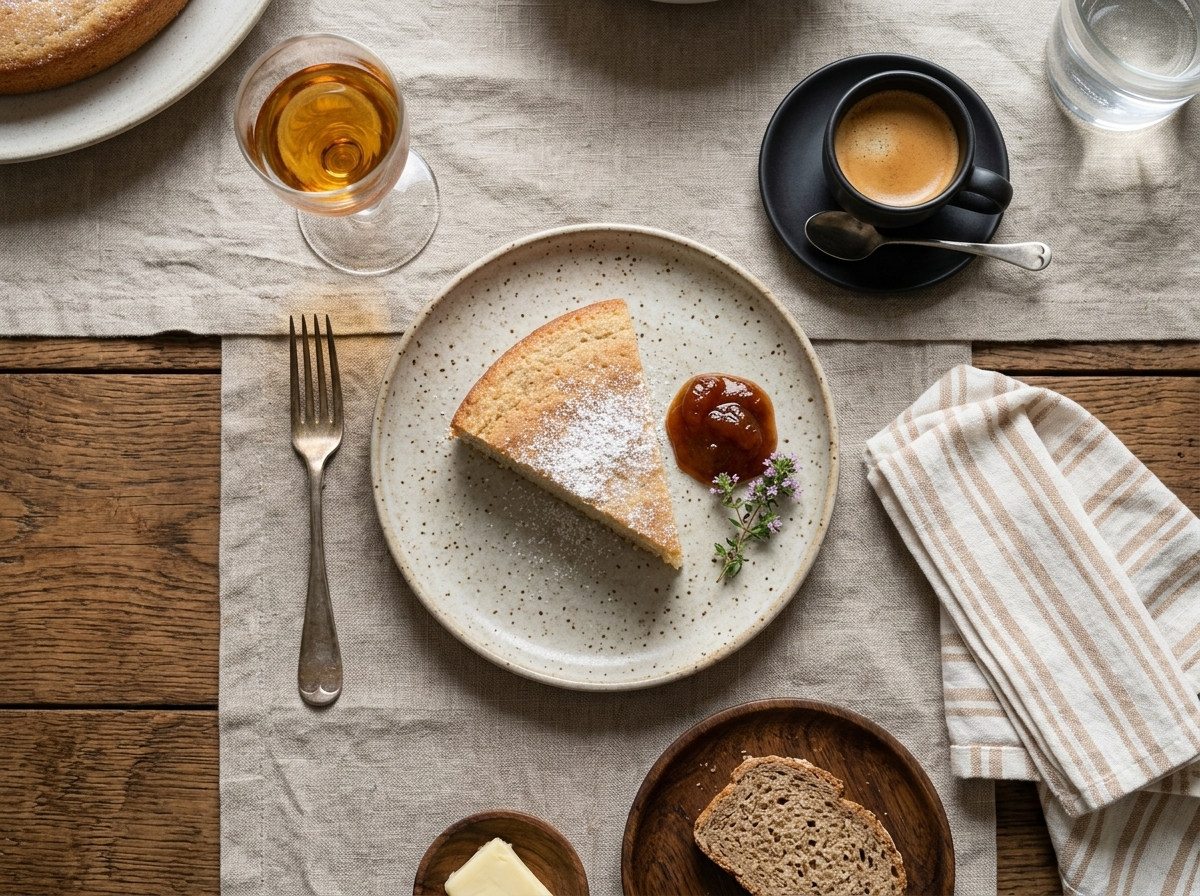 A slice of Torta Fioretto della Valchiavenna plated with espresso and a linen napkin on a farmhouse table.