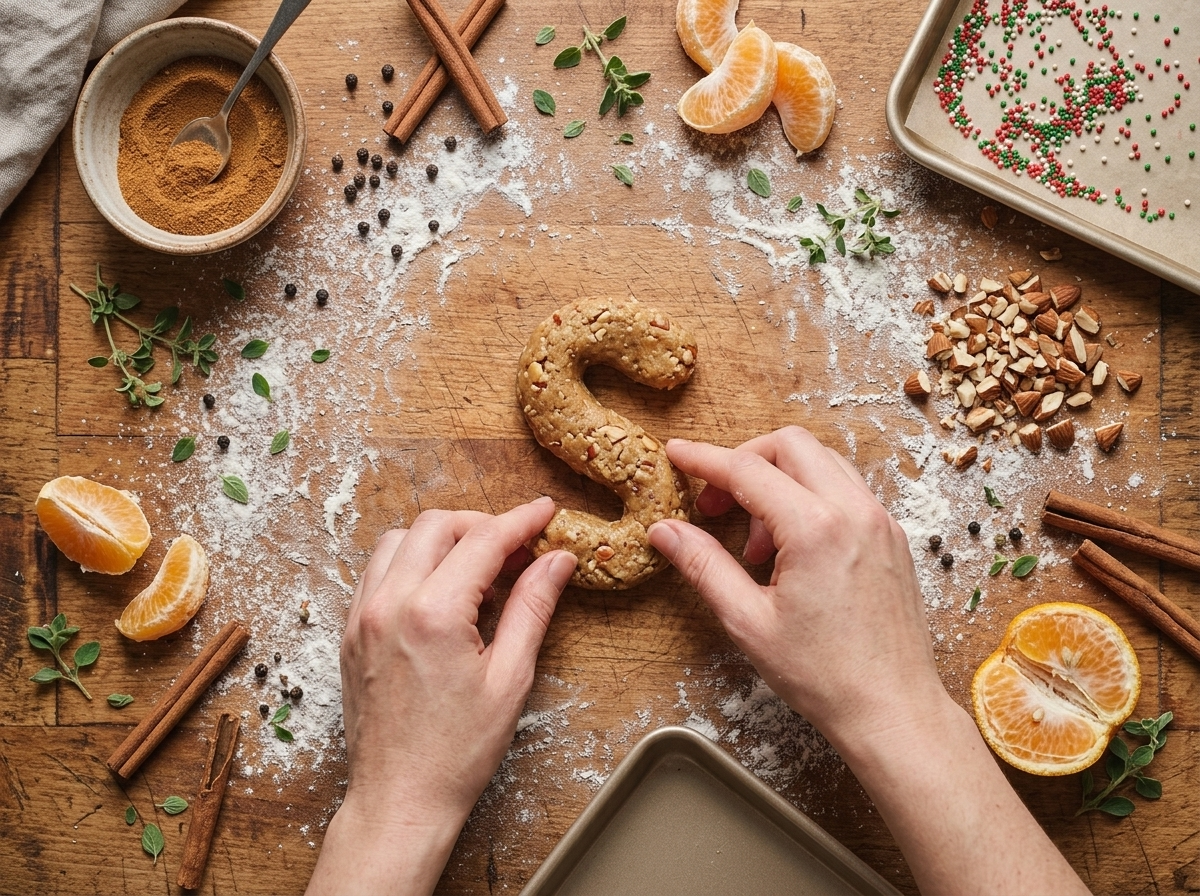 Hands shaping honey-almond dough into a curved S on a floured wooden surface with chopped almonds nearby