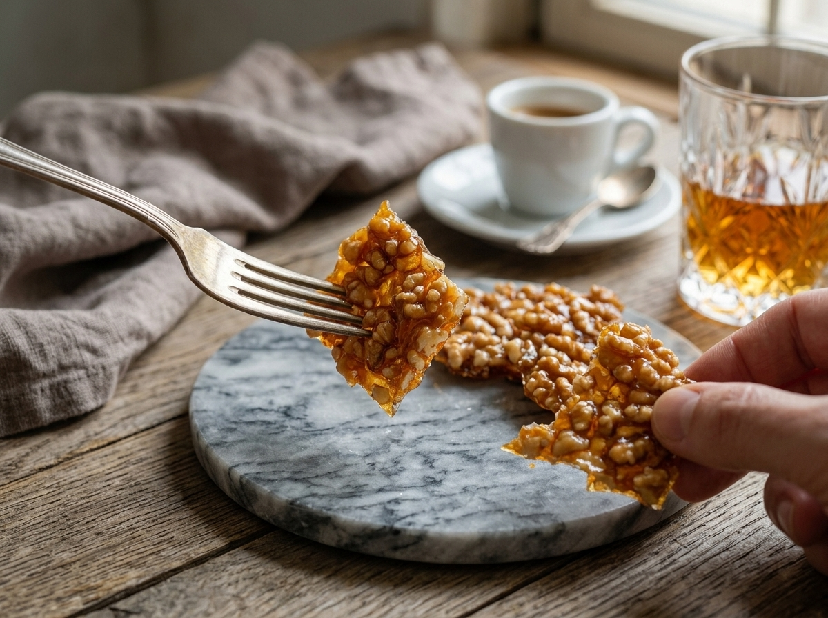 A hand breaking a piece of walnut brittle over a linen napkin, espresso cup and cut lemon nearby