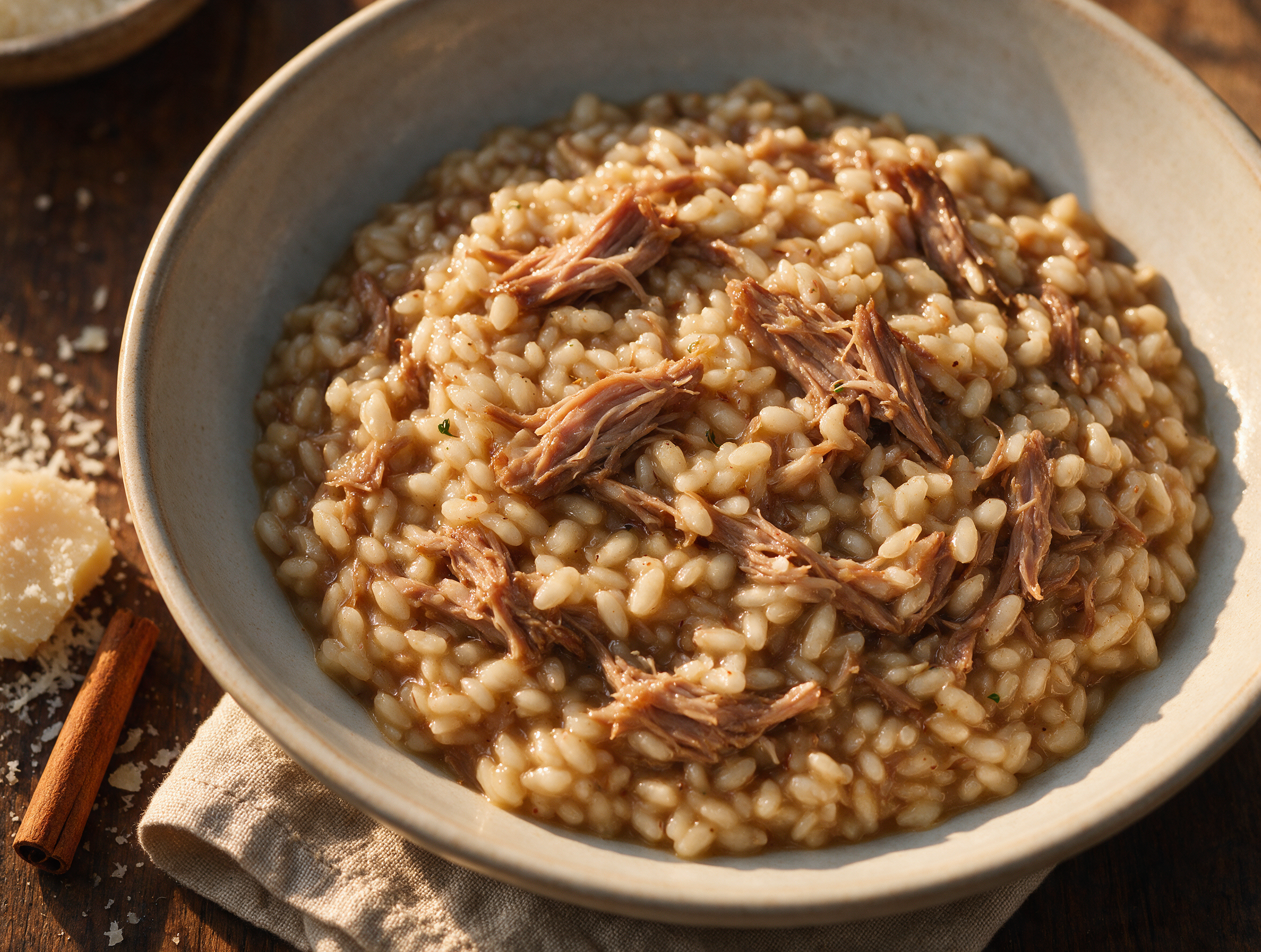 Overhead view of risotto all'isolana in a shallow bowl, shredded pork visible through glossy rice with a dusting of Parmigiano