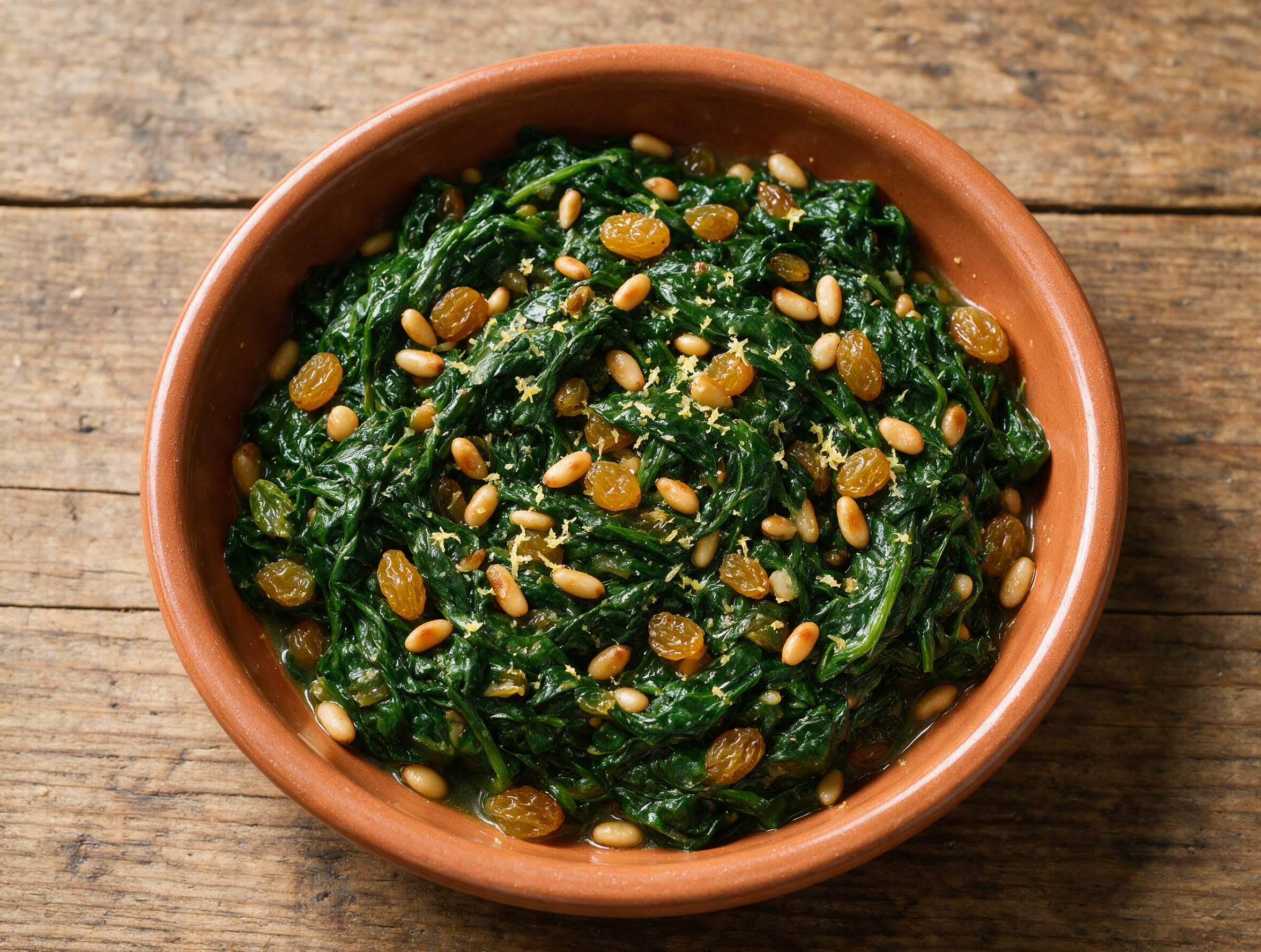 Overhead view of spinaci alla romana in a terracotta bowl, showing glossy wilted spinach studded with golden raisins and pine nuts.