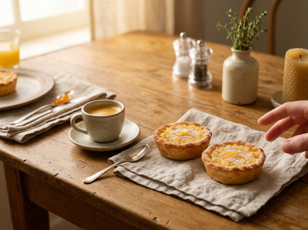 Two budino di riso tartlets on a linen napkin beside an espresso cup, morning light across a wooden table