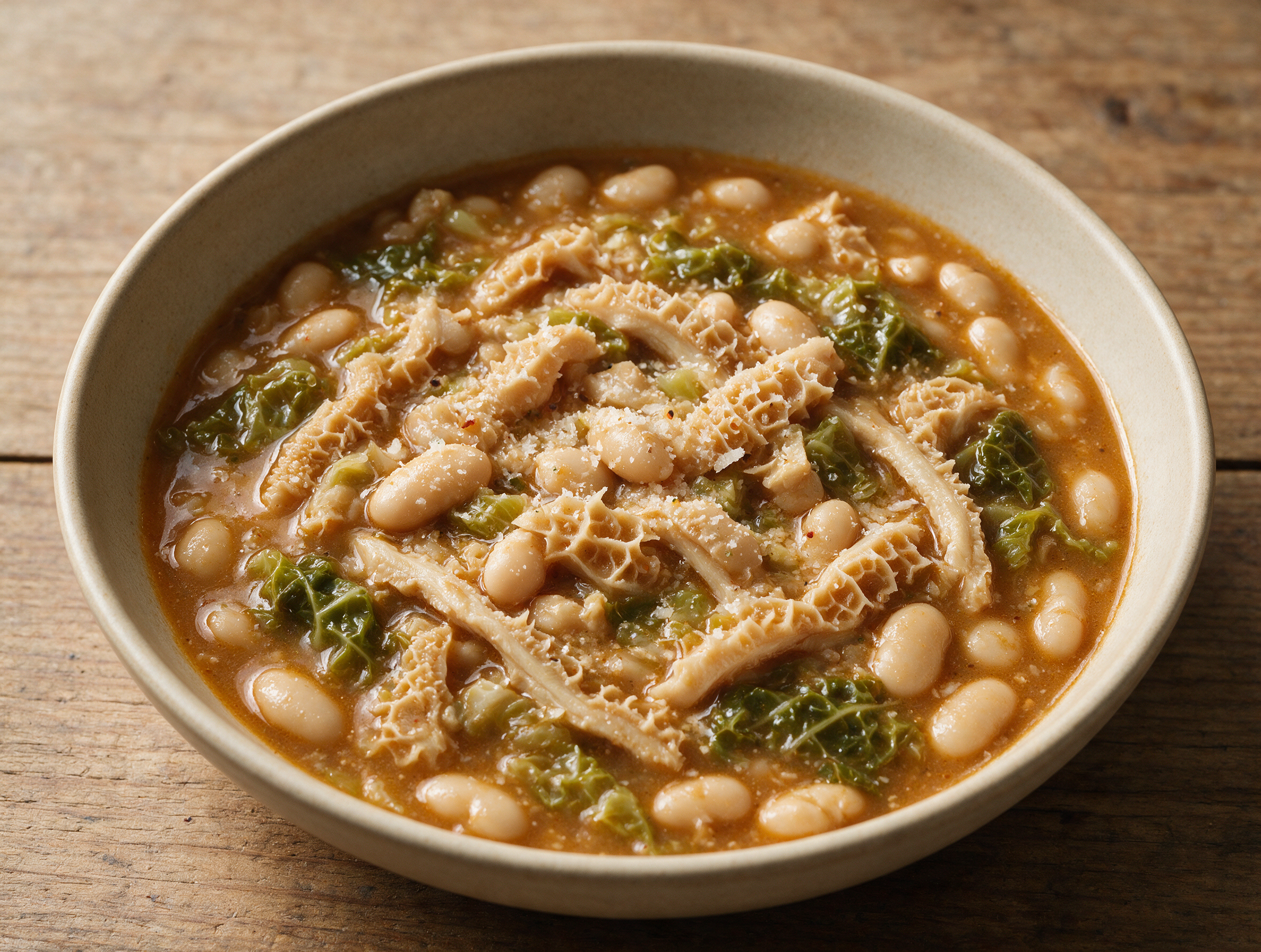 Bowl of busecca milanese with tripe strips, white beans, and savoy cabbage in a thick amber broth, topped with grated parmesan