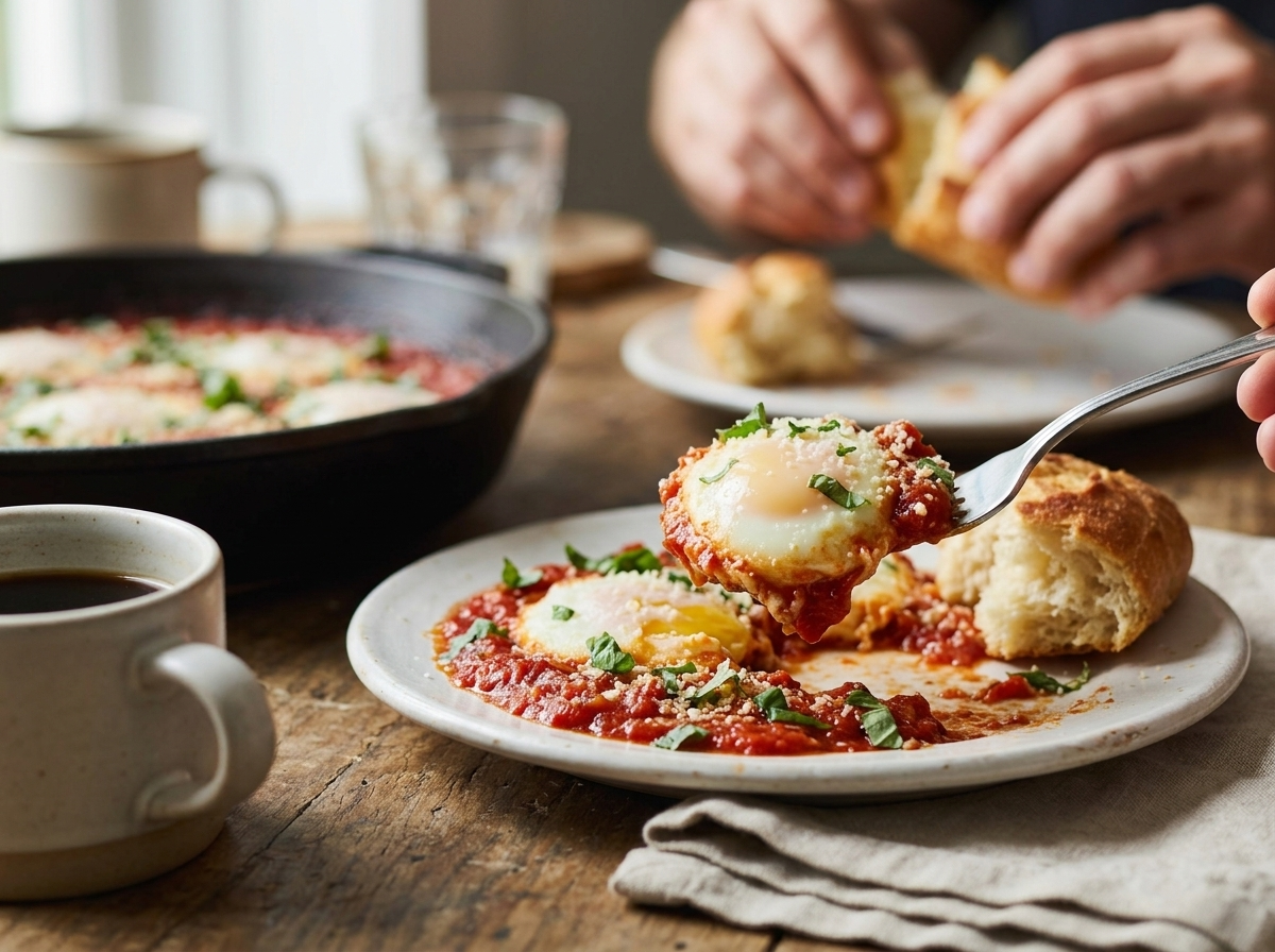 Hands tearing crusty bread over a skillet of eggs and tomato sauce at a rustic table with linen napkin and coffee
