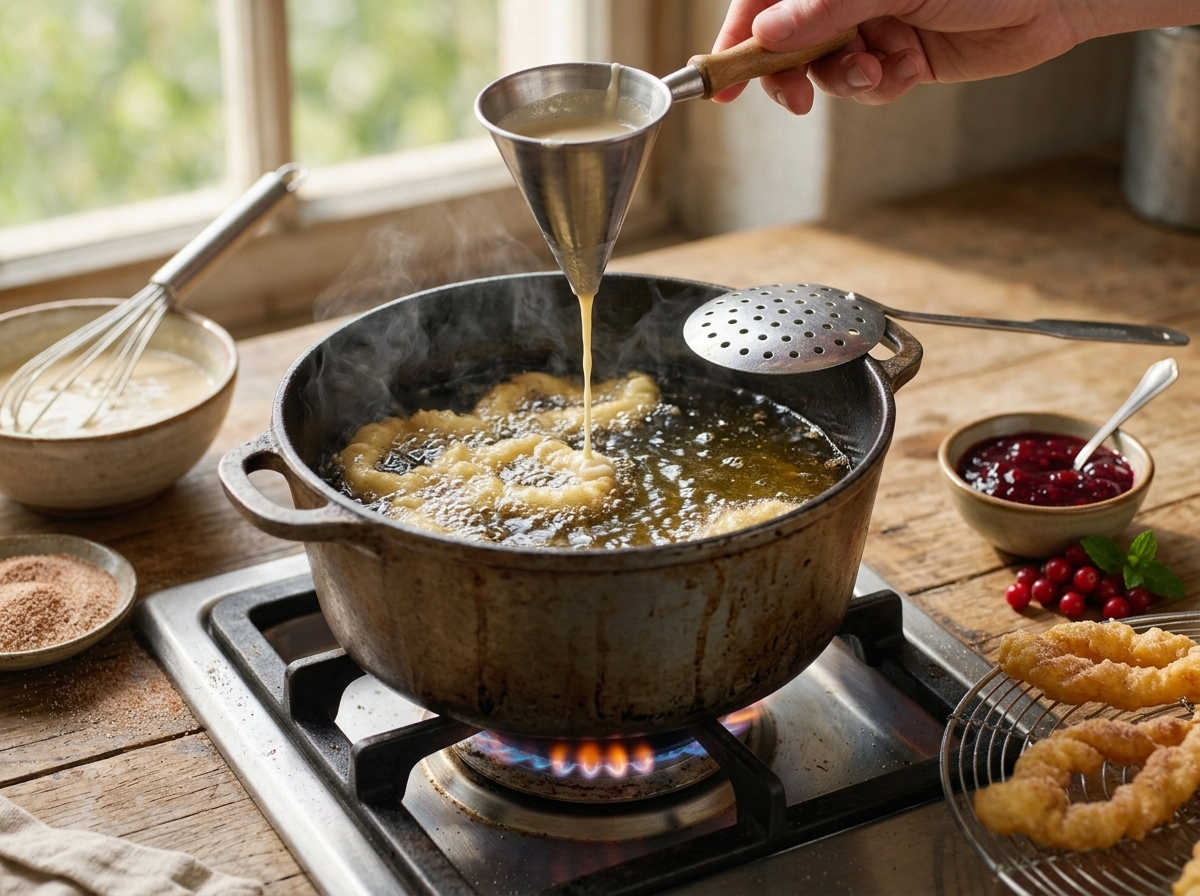 Batter dripping off fingers into a pot of hot oil, forming loose golden ribbons of frying Strauben Tirolesi.