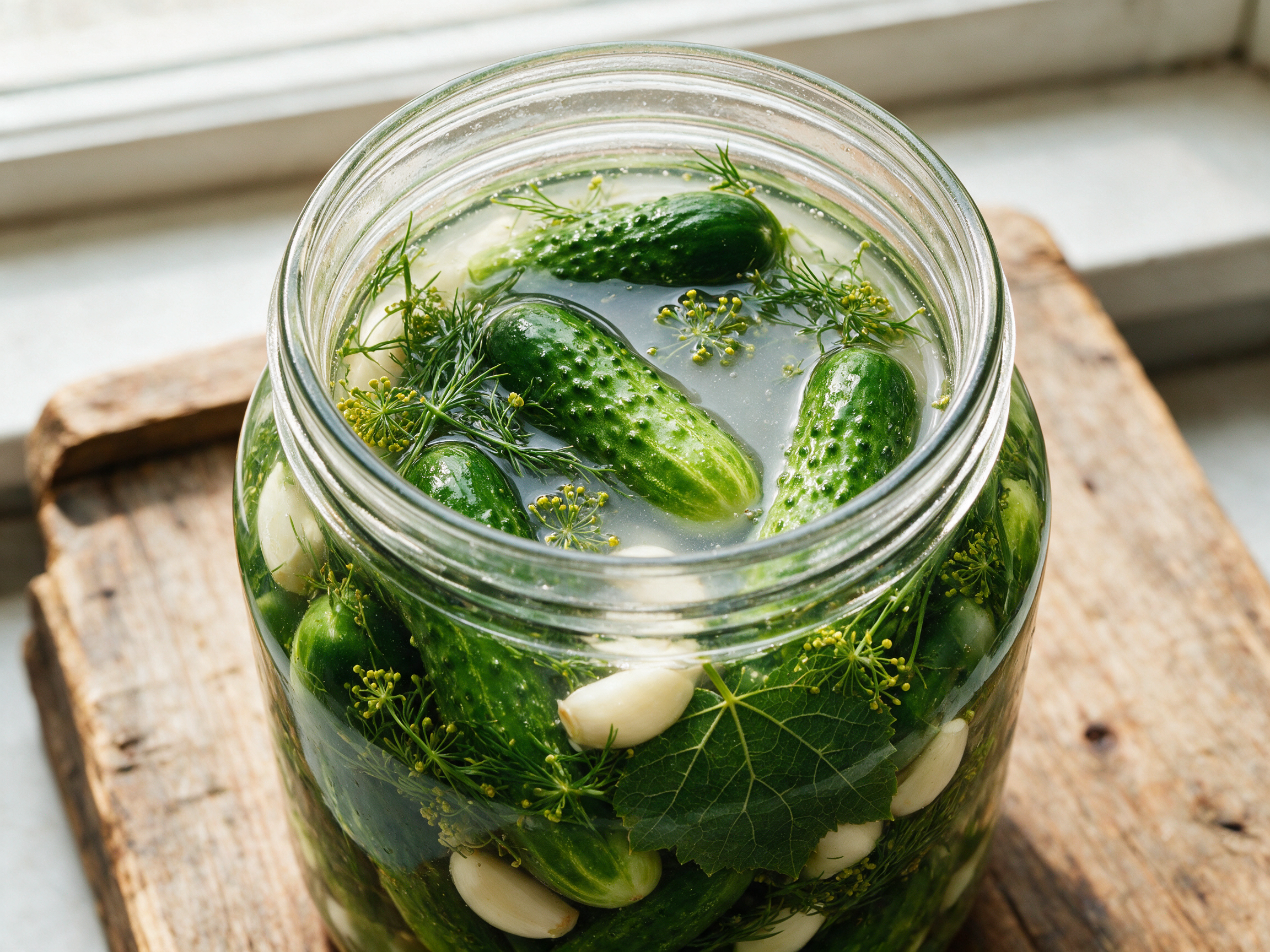 Glass jar of Valtellina crock-fermented pickles with dill sprigs and garlic cloves submerged in cloudy brine on a wood table.