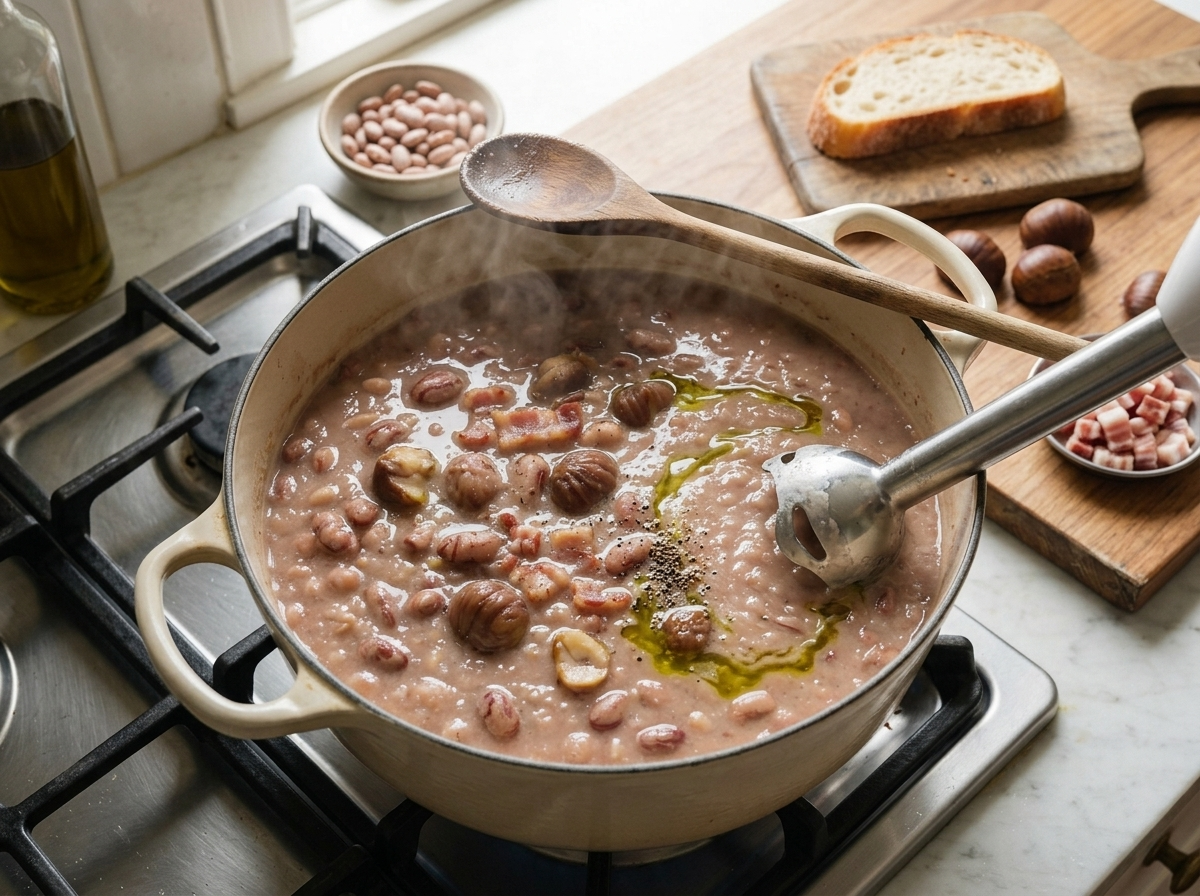 Immersion blender pureeing half a pot of chestnut and bean soup while whole beans and chestnut chunks remain visible on the side