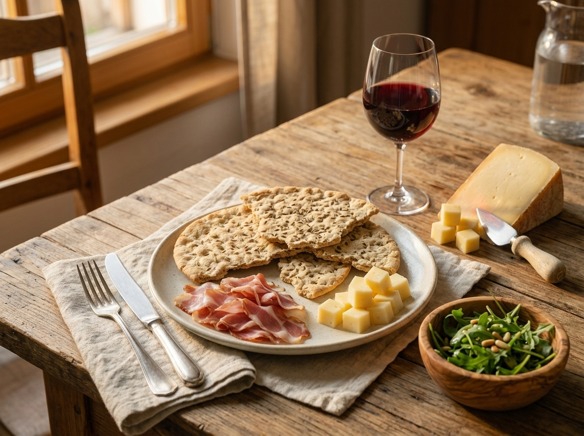 Broken Schüttelbrot pieces served with sliced speck, mountain cheese, and red wine on a linen-topped table.