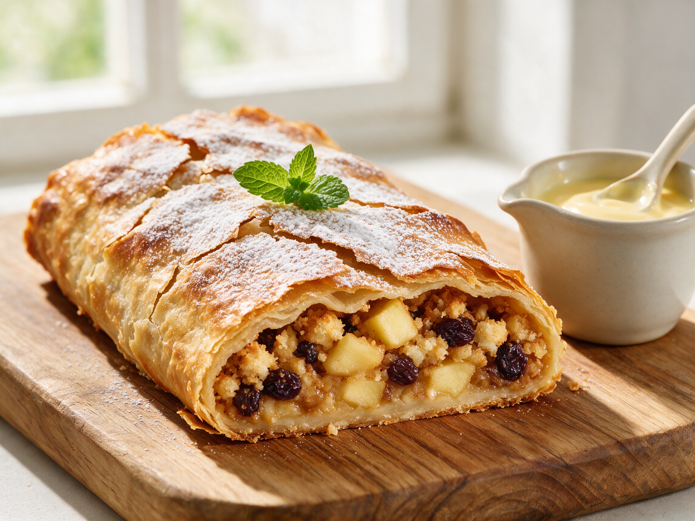 Sliced Apfelstrudel Altoatesino on a wooden board showing golden cracked crust and apple raisin filling, dusted with powdered sugar