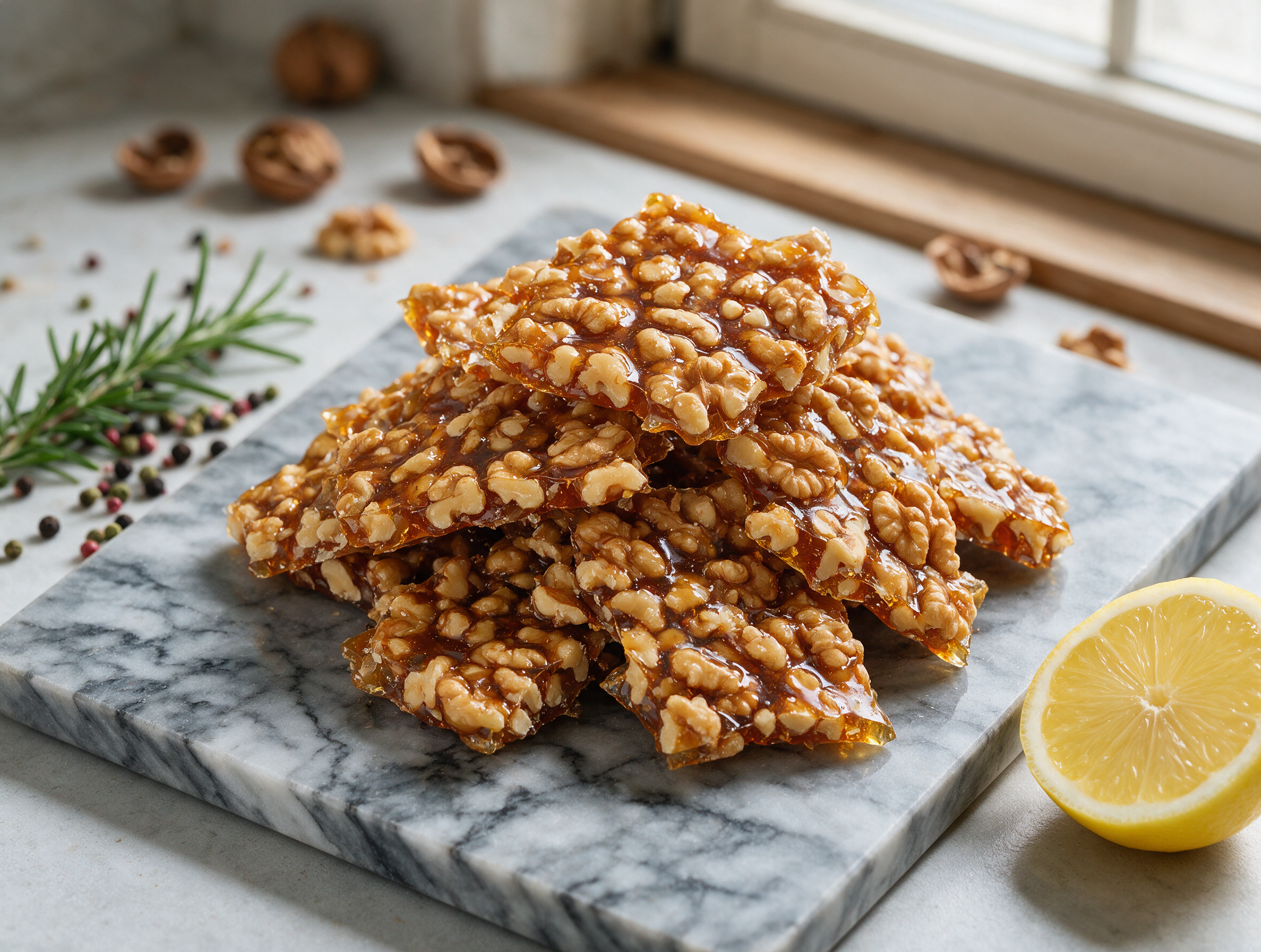Amber walnut brittle shards stacked on a marble slab dusted with lemon zest, morning light from a window