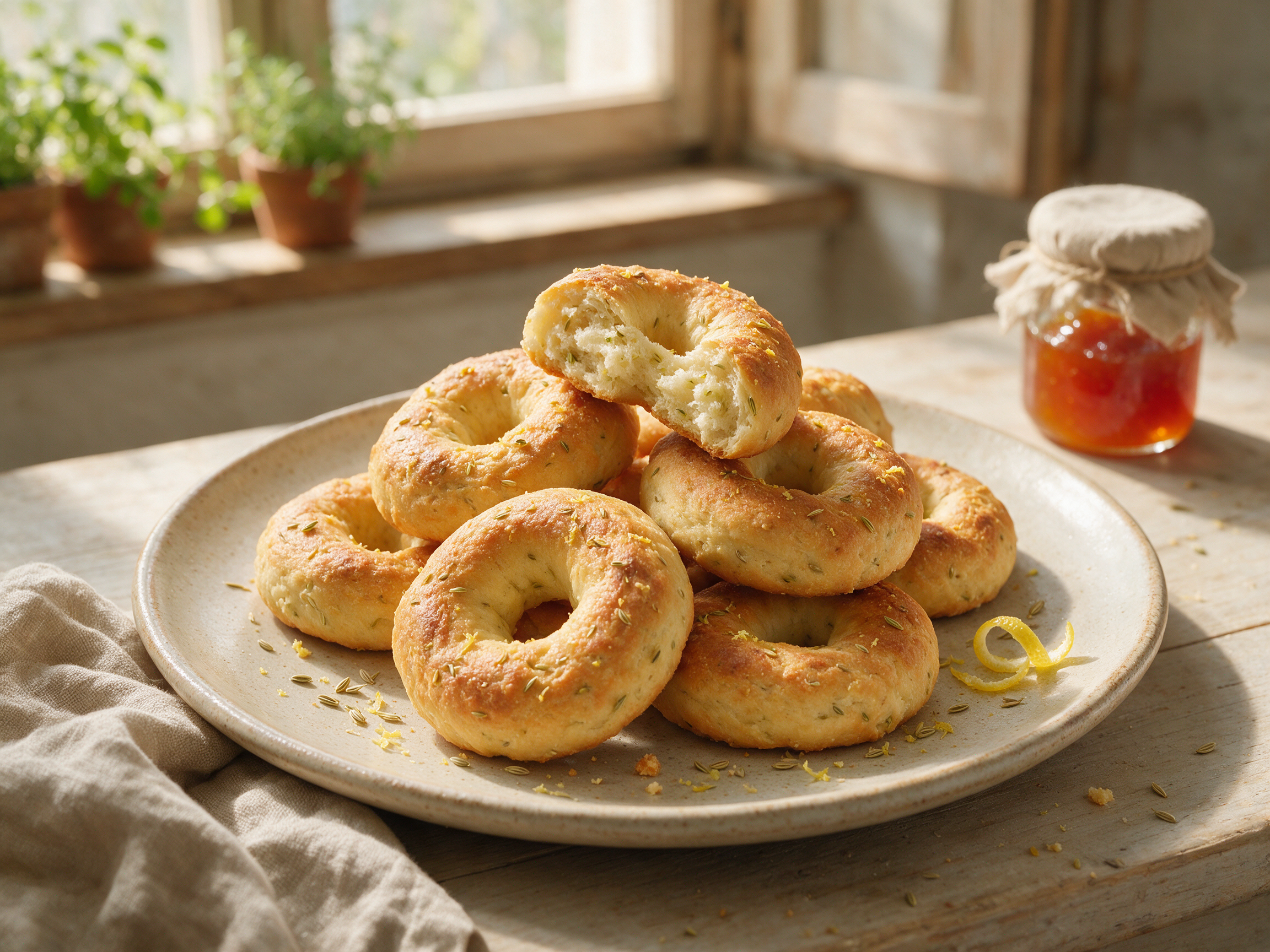 Golden Brazzadelle Valtellinesi rings stacked on a wooden board, one split open to show the soft, pale crumb inside.