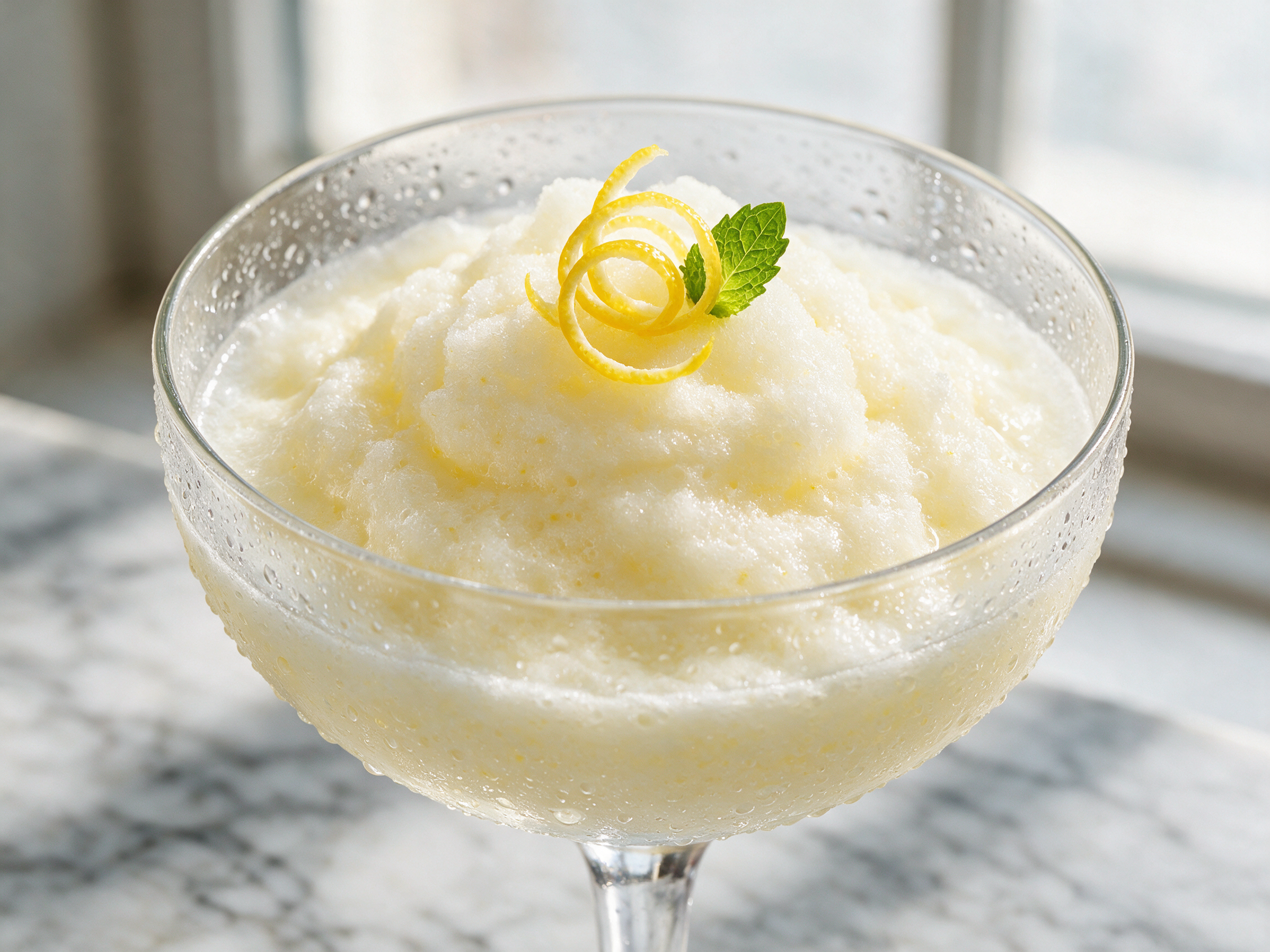 Chilled coupe glass of frothy pale sgroppino al limone topped with lemon zest curl and mint on a marble surface