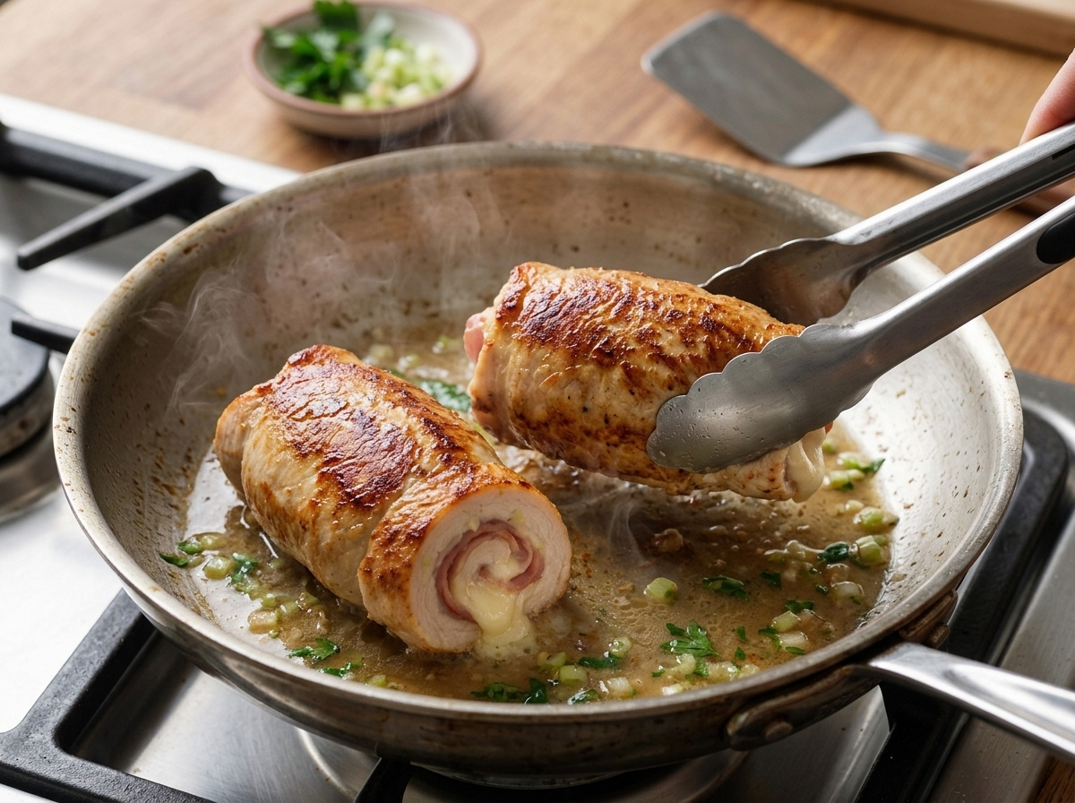 Two prosciutto-wrapped chicken rolls searing seam-side down in a stainless skillet, golden crust forming as tongs check the color