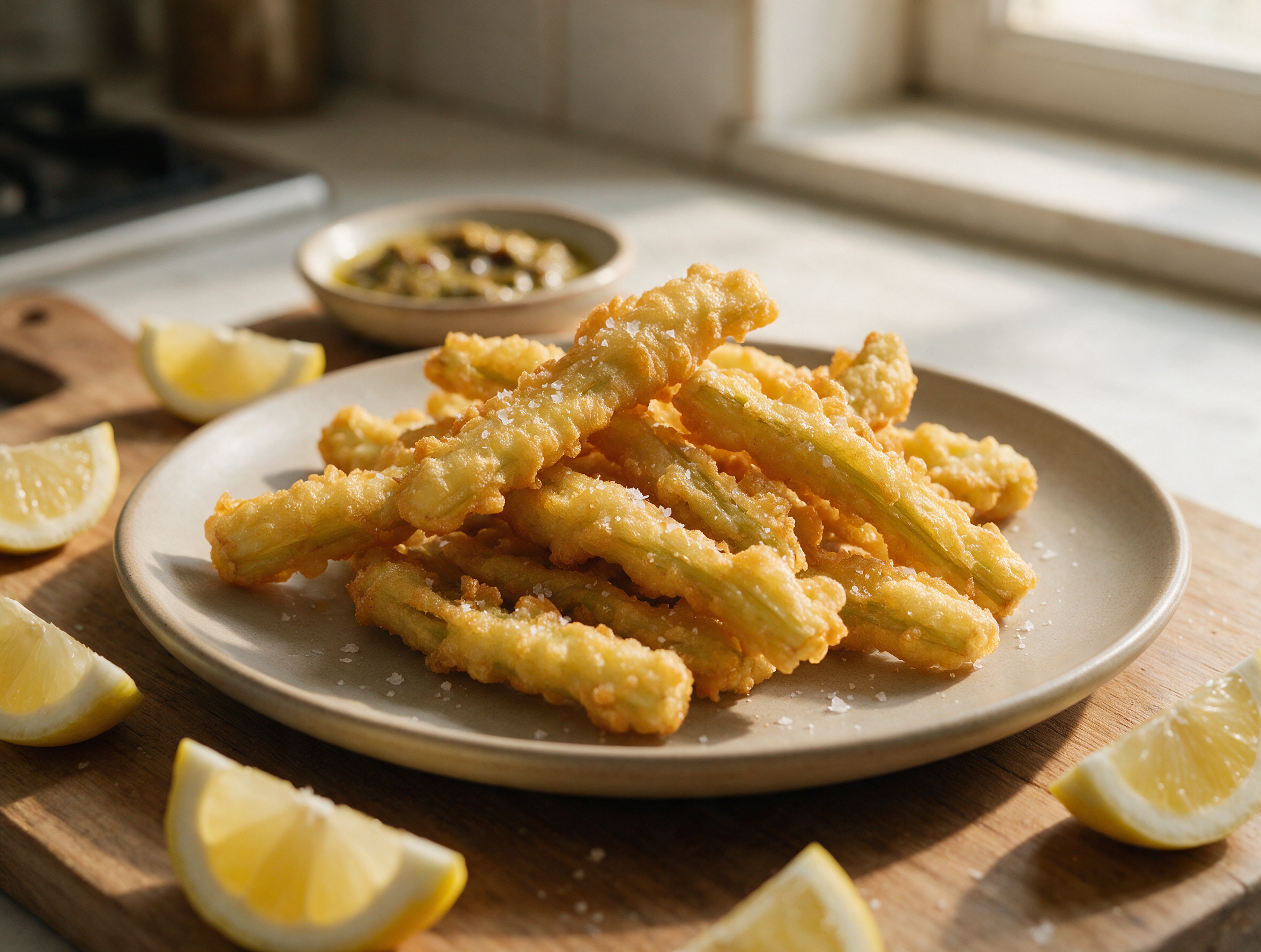 Golden battered cardi fritti piled on a wooden board with lemon wedges and a small bowl of bagna cauda alongside.