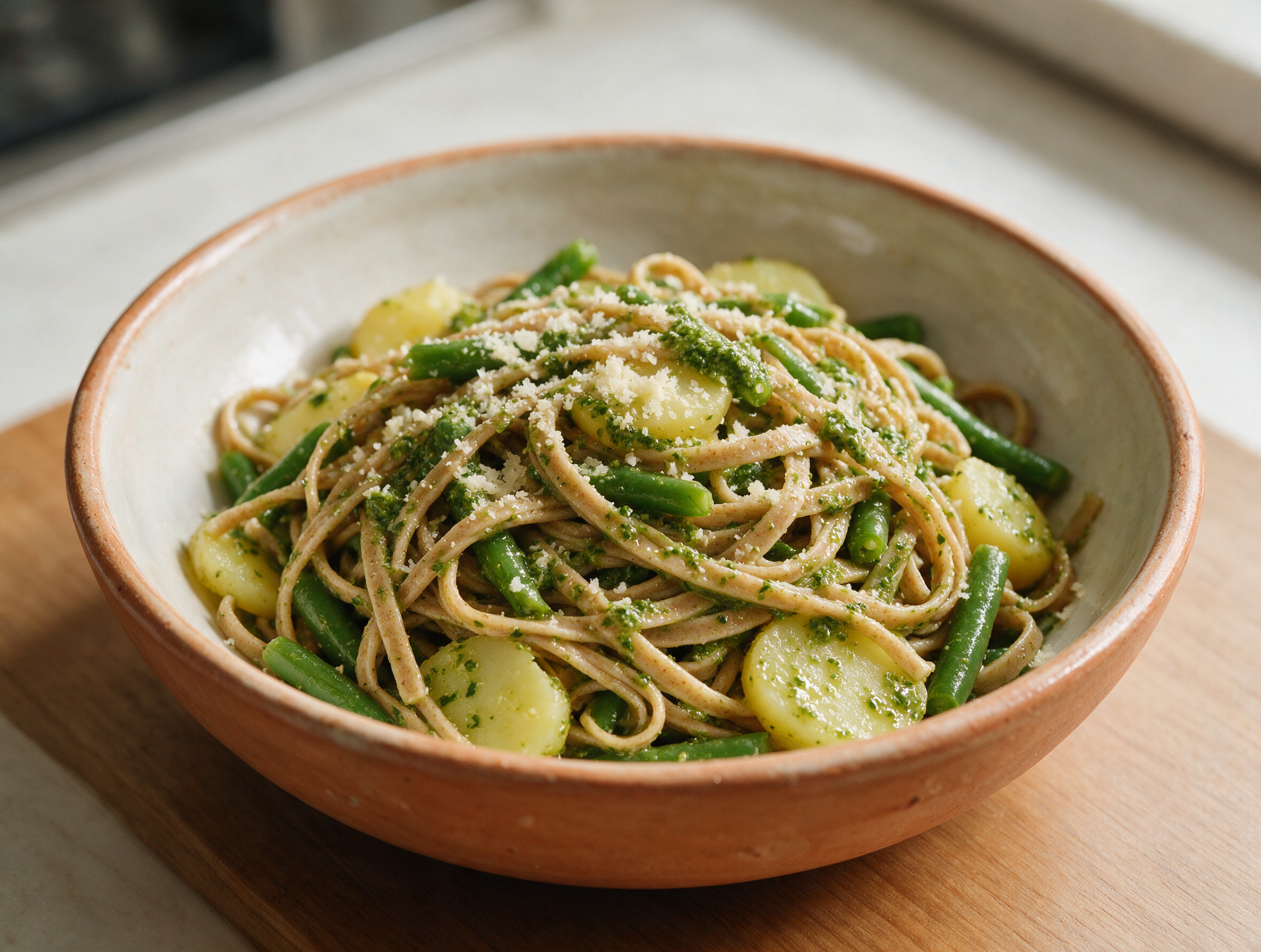 Plated wholewheat trenette avvantaggiate with potato slices, green beans, and glossy basil pesto in a rustic ceramic bowl.