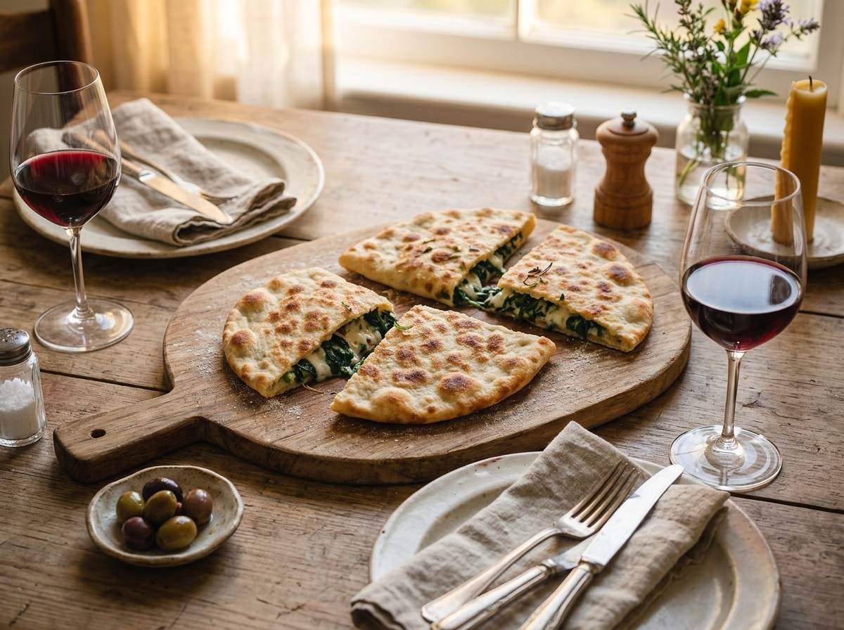 Two halved cassoni romagnoli on a rustic table with a glass of red wine, linen napkin, and a small radicchio salad.