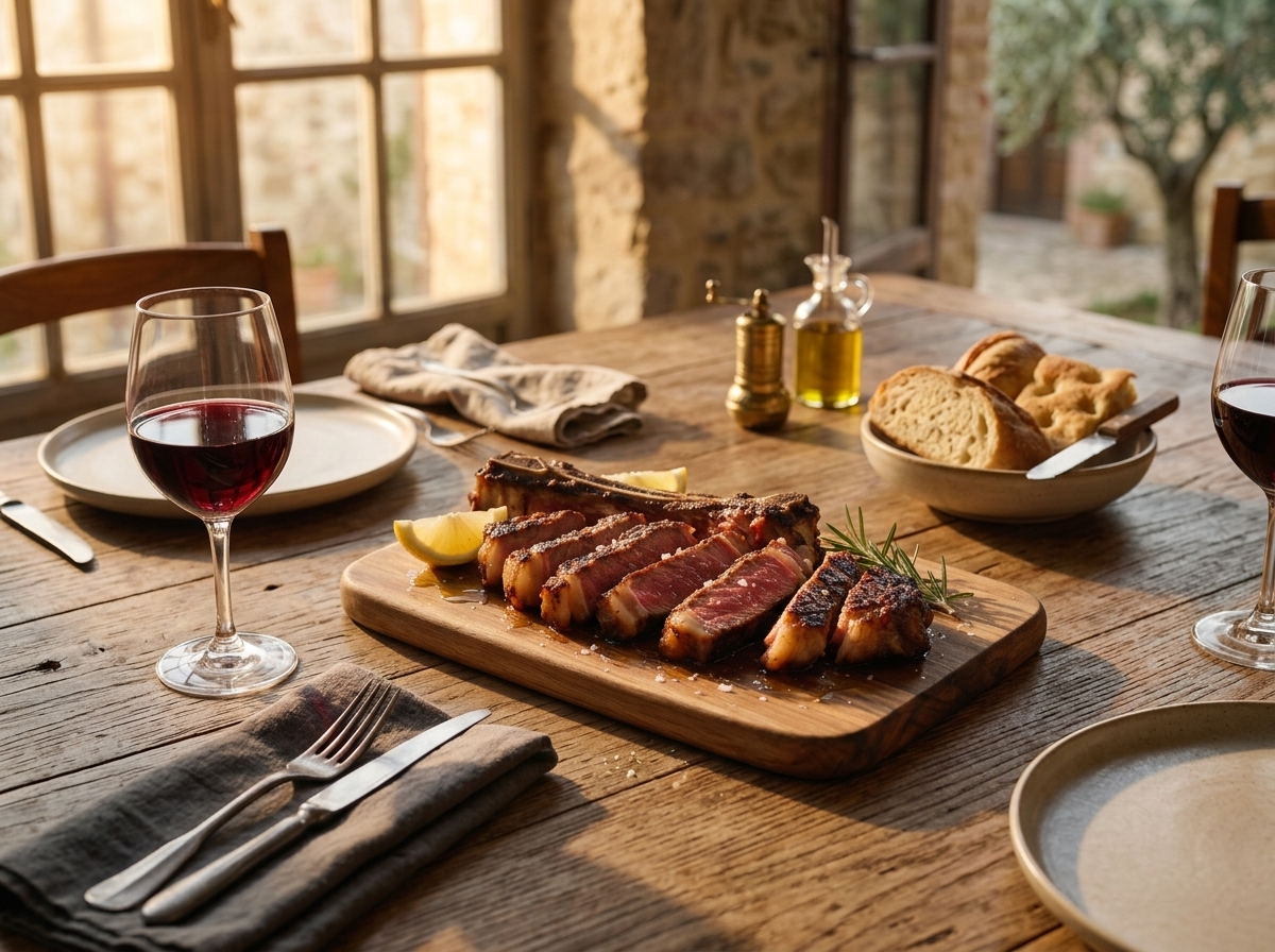 Rustic table scene with sliced grilled rib steak on a board, a glass of red wine and linen napkin nearby