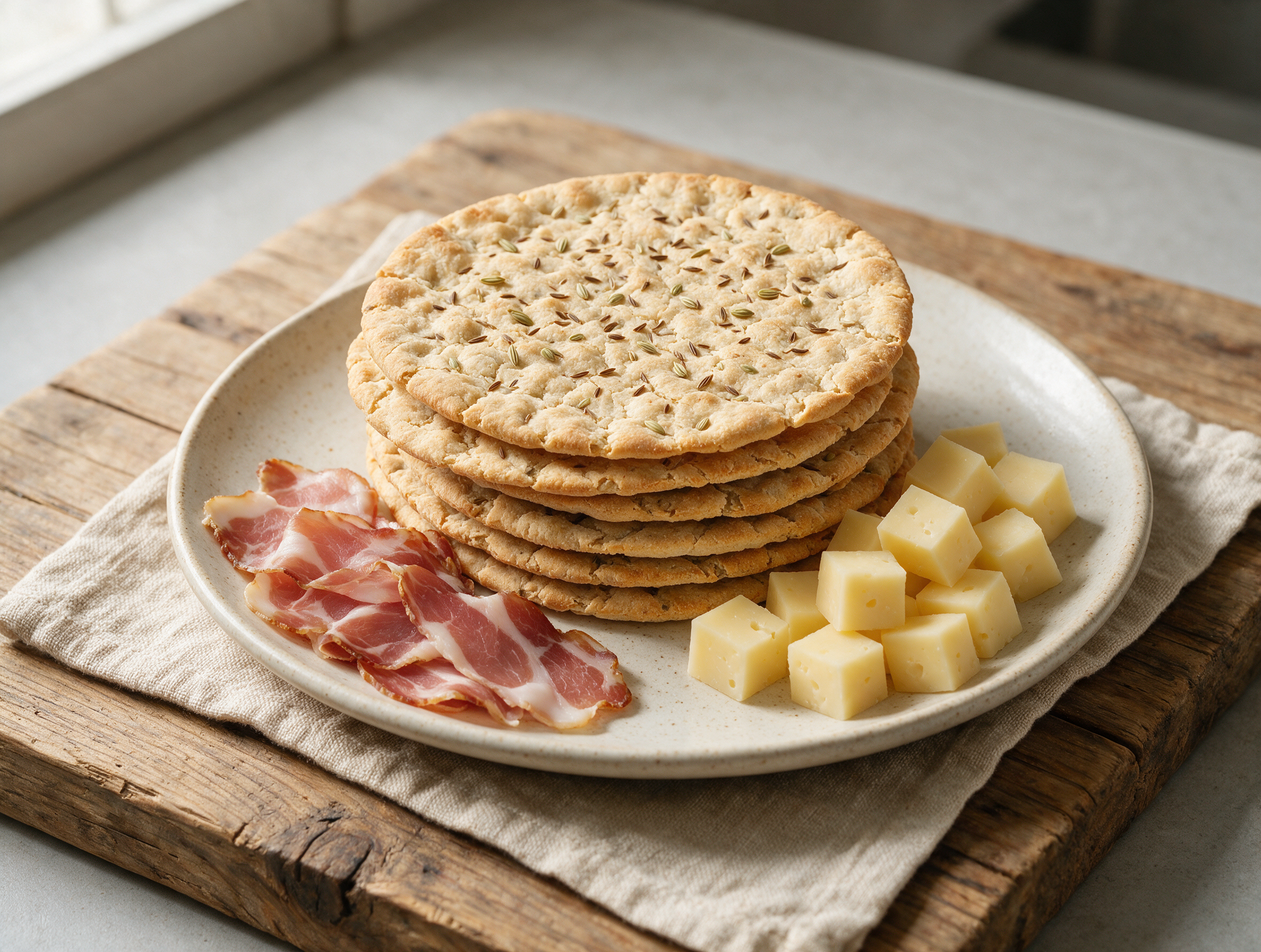 Stack of golden double-baked Schüttelbrot rounds studded with caraway seeds on a rustic wooden board.