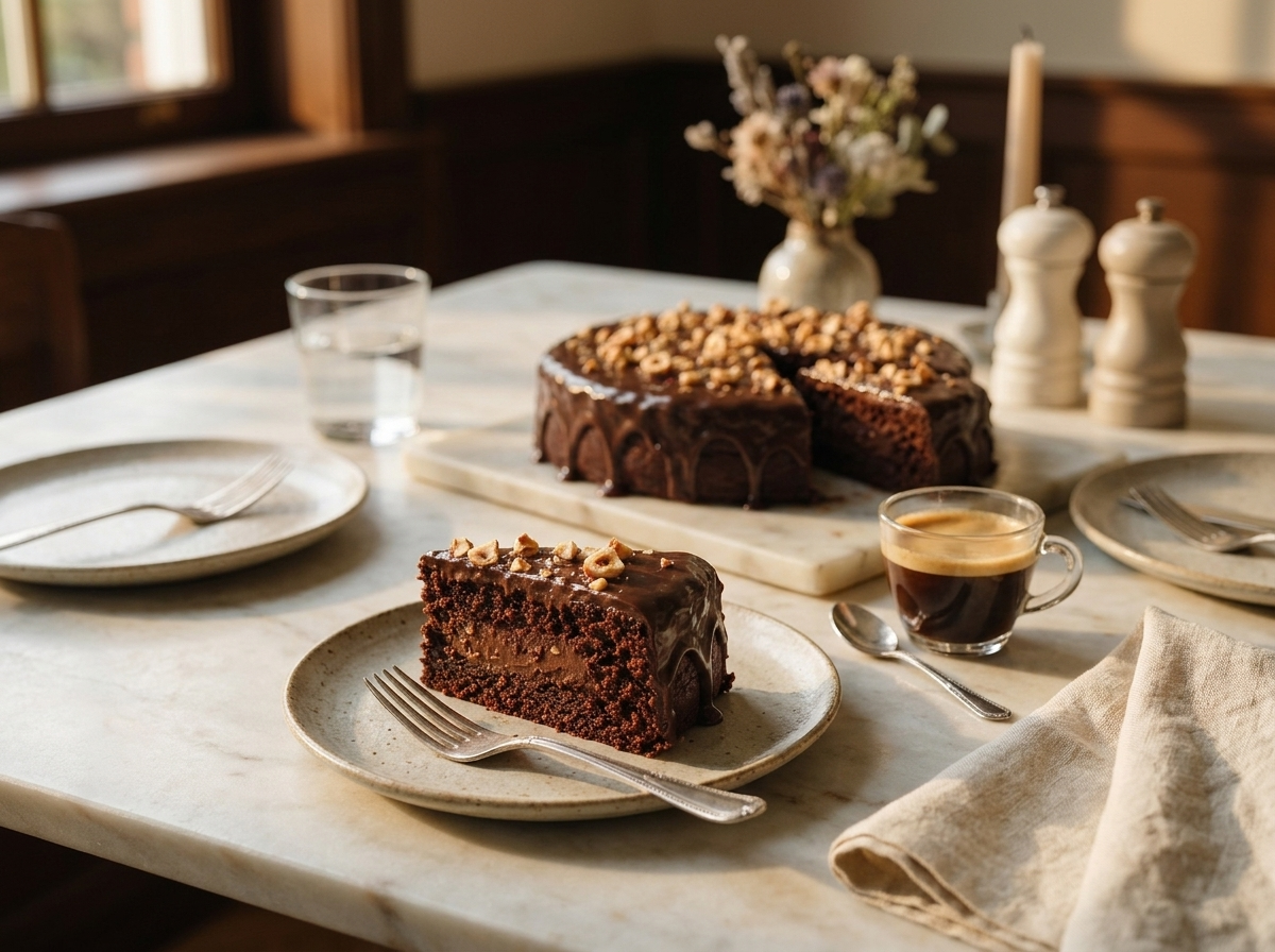 A plated slice of torta gianduia beside an espresso cup and linen napkin on a wooden table