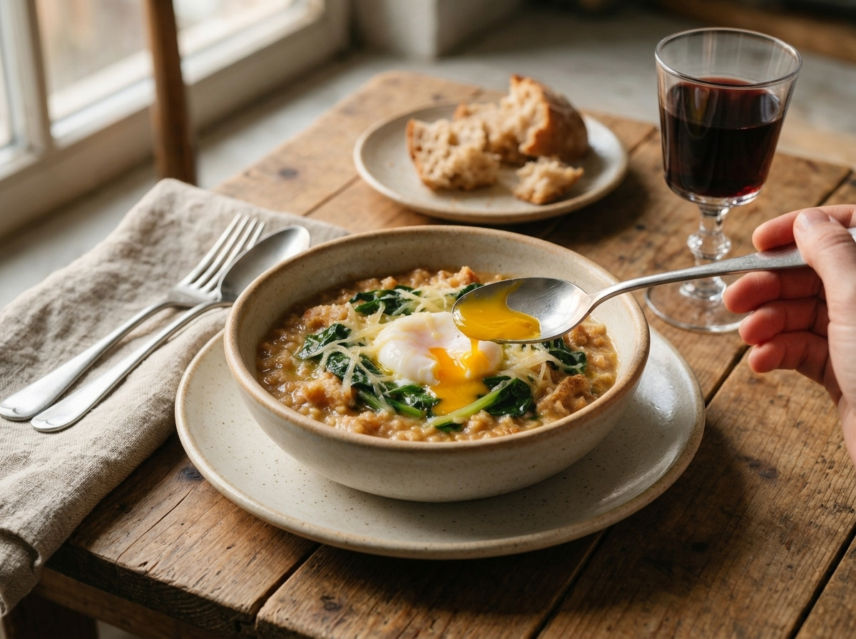 Hands breaking into a poached egg over pancotto della Valtellina at a rustic table, linen napkin and red wine nearby.