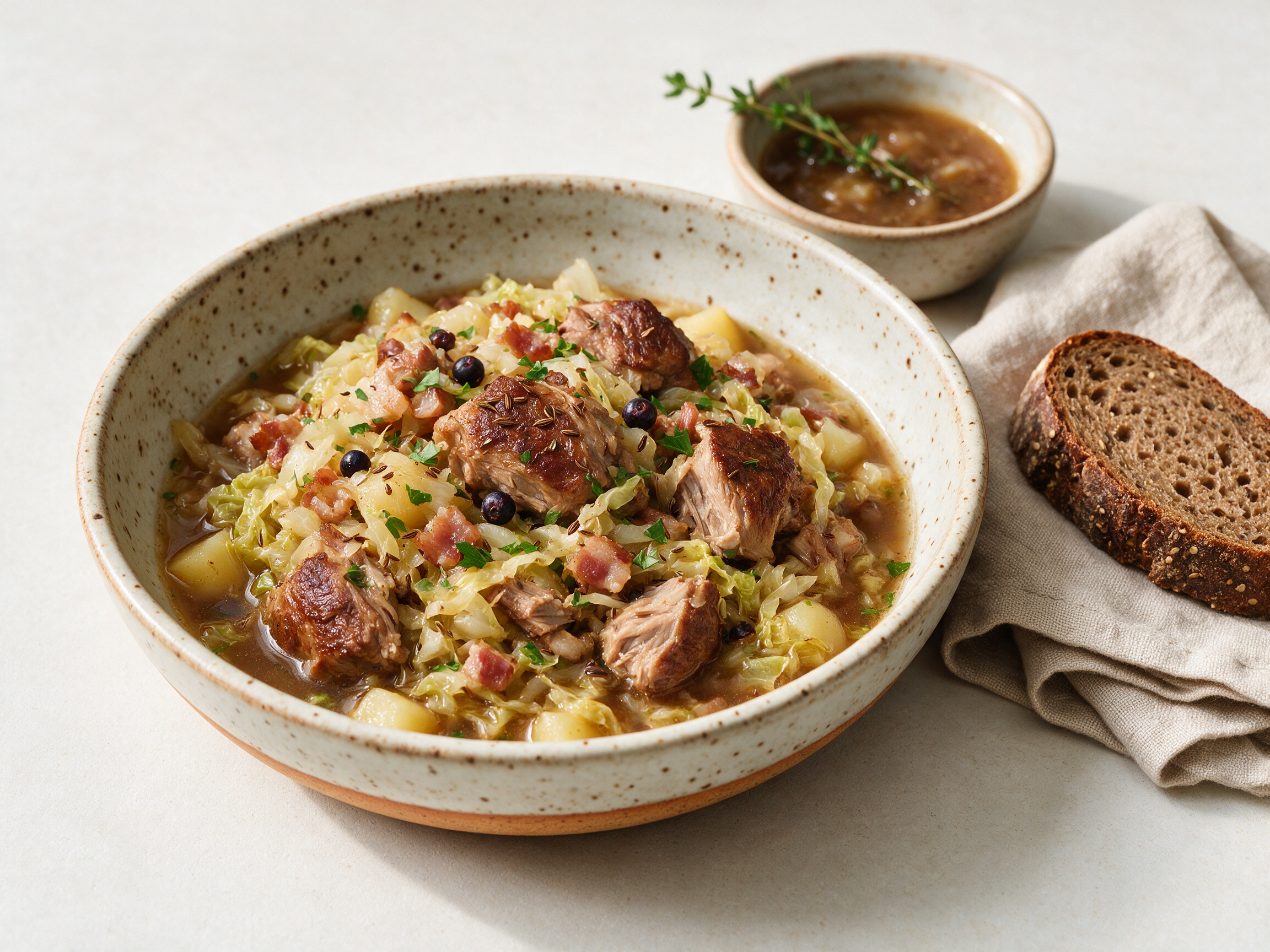 Braised Alpine pork and cabbage in a rustic bowl, broth pooling around pulled pork and cabbage ribbons, steam rising