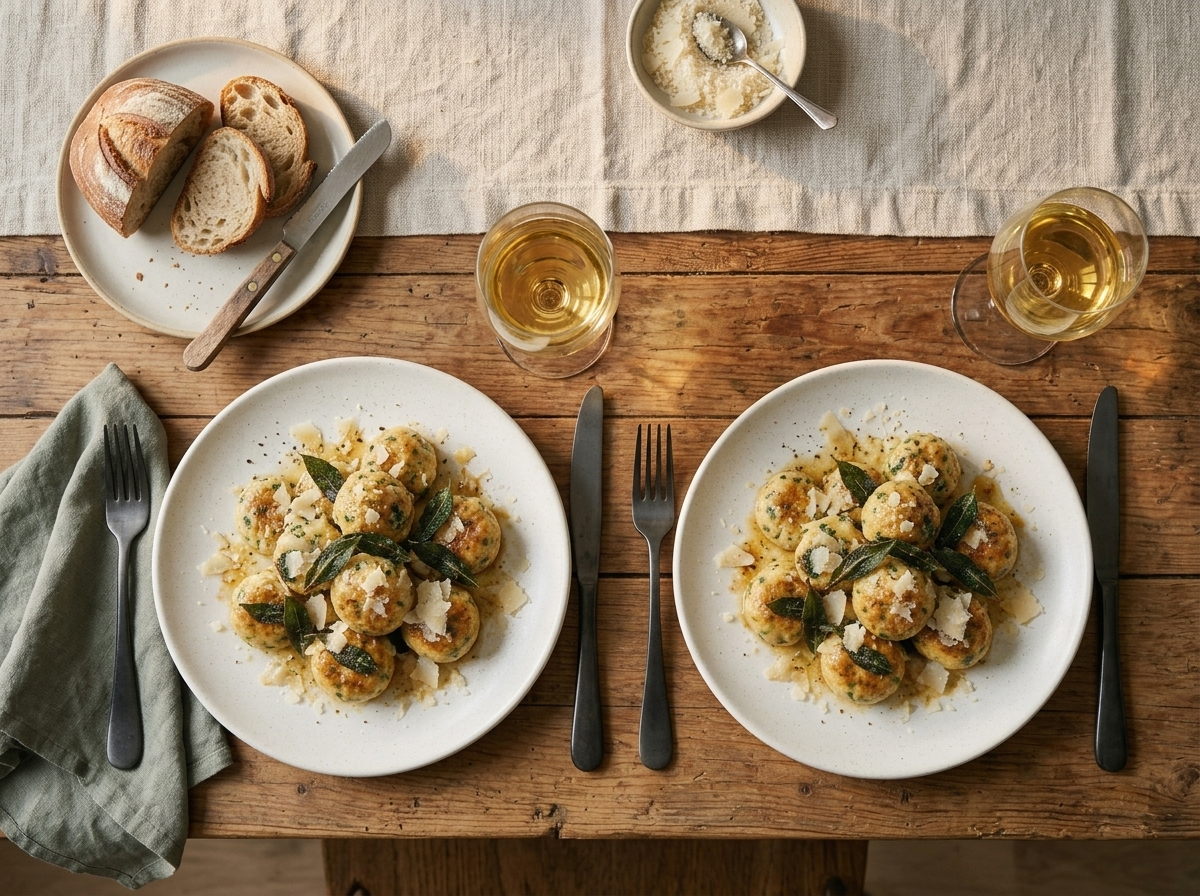 Two rustic bowls of ricotta spinach gnudi on a linen-topped table with a glass of white wine and crusty bread.