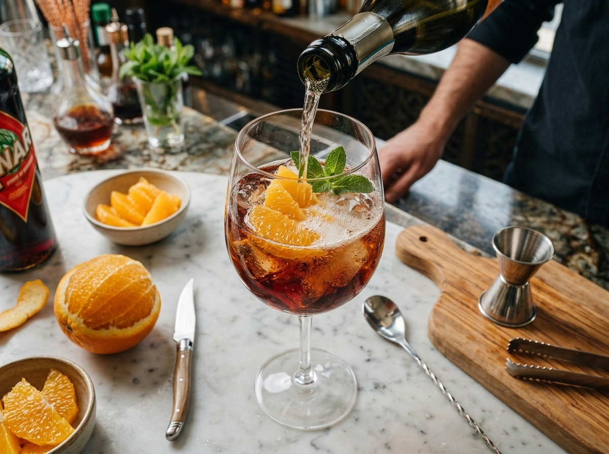 Bartender pouring chilled prosecco slowly down the side of a glass filled with Cynar and ice, bubbles rising
