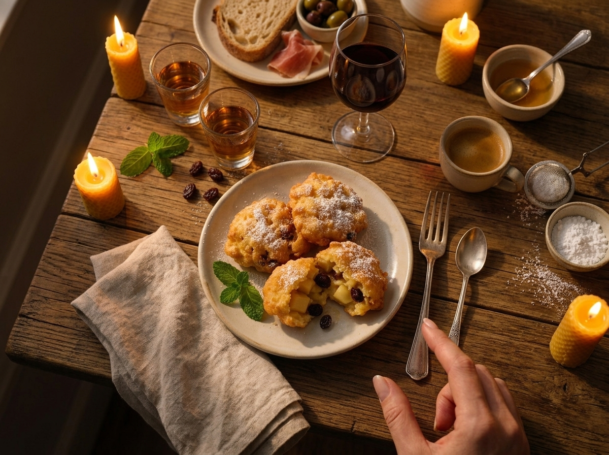 Small plate of sugar-dusted fritters beside an espresso cup on a linen napkin, morning light on a wooden table