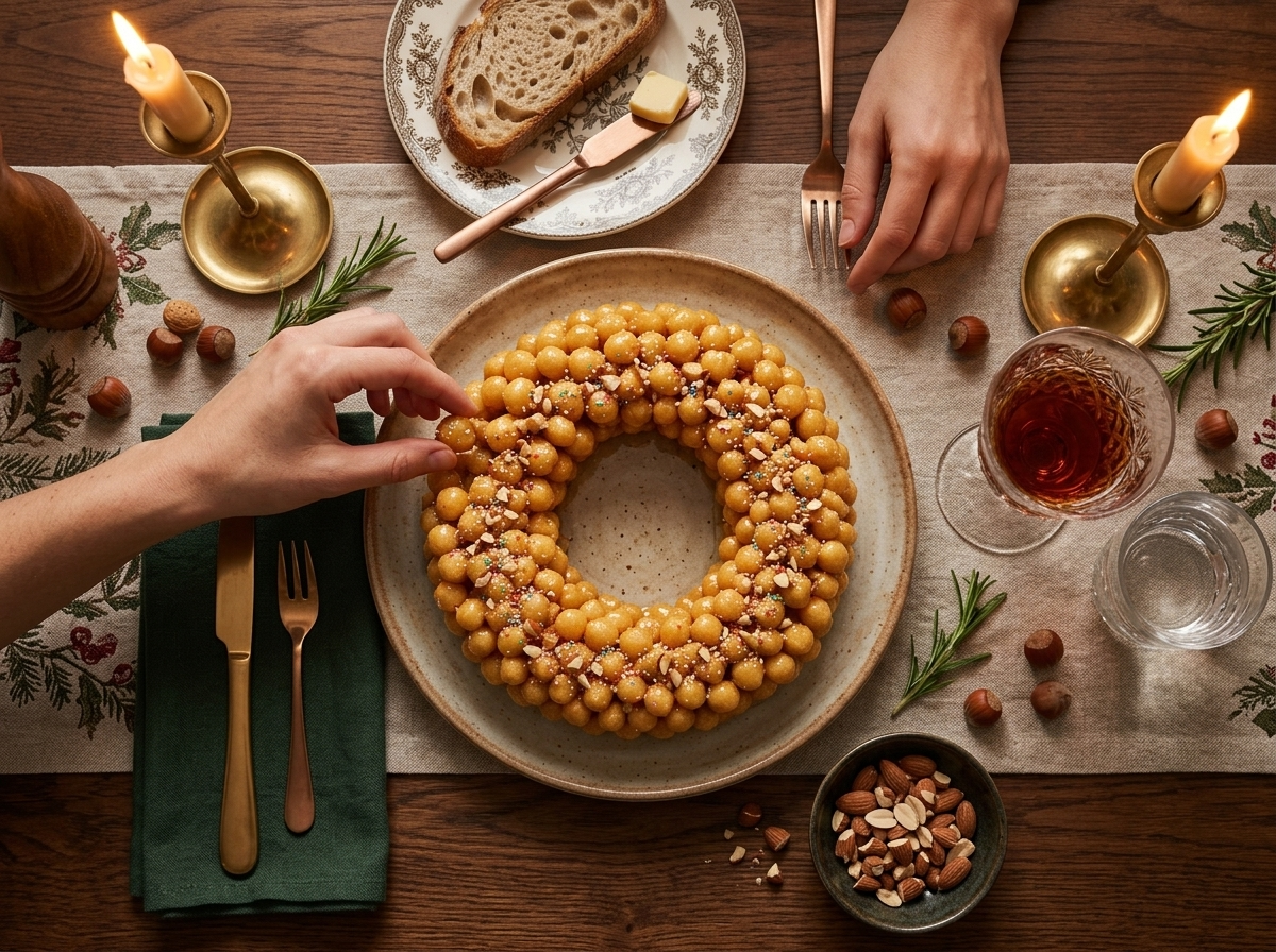 Hands pulling apart pieces of honey-glazed cicerchiata at a candlelit holiday table set with small wine glasses.
