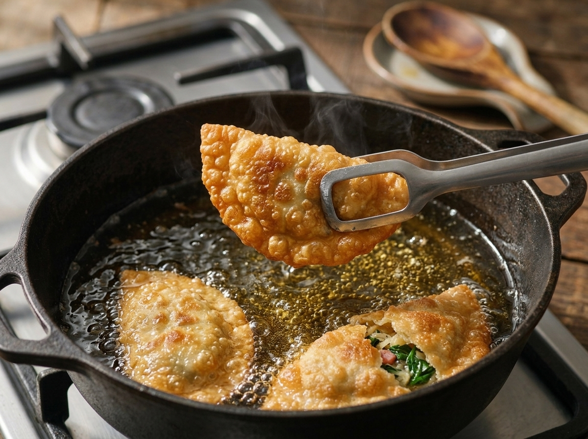 Tirtlen dumplings frying in bubbling oil in a dutch oven, tongs lifting one golden piece from the pot