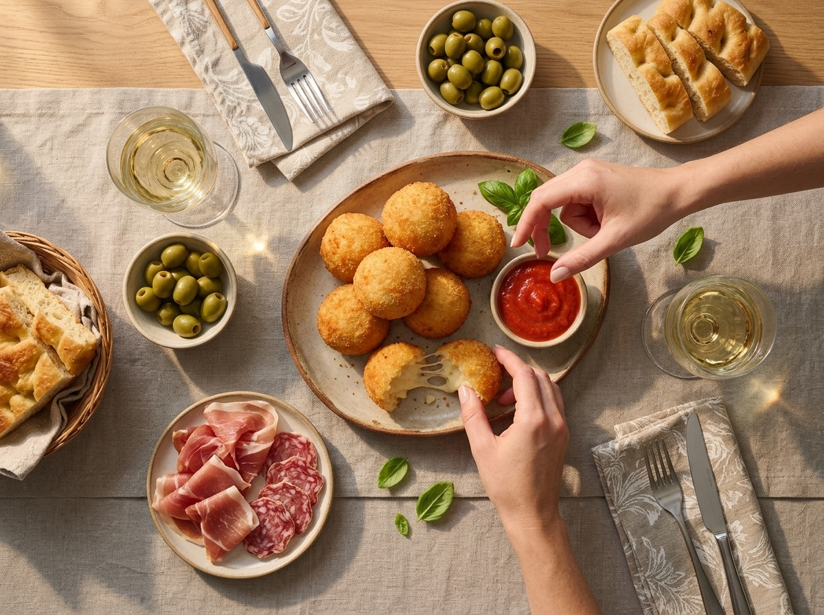 Hand reaching for a fried rice croquette from a shared aperitivo platter with wine glasses and cured meats