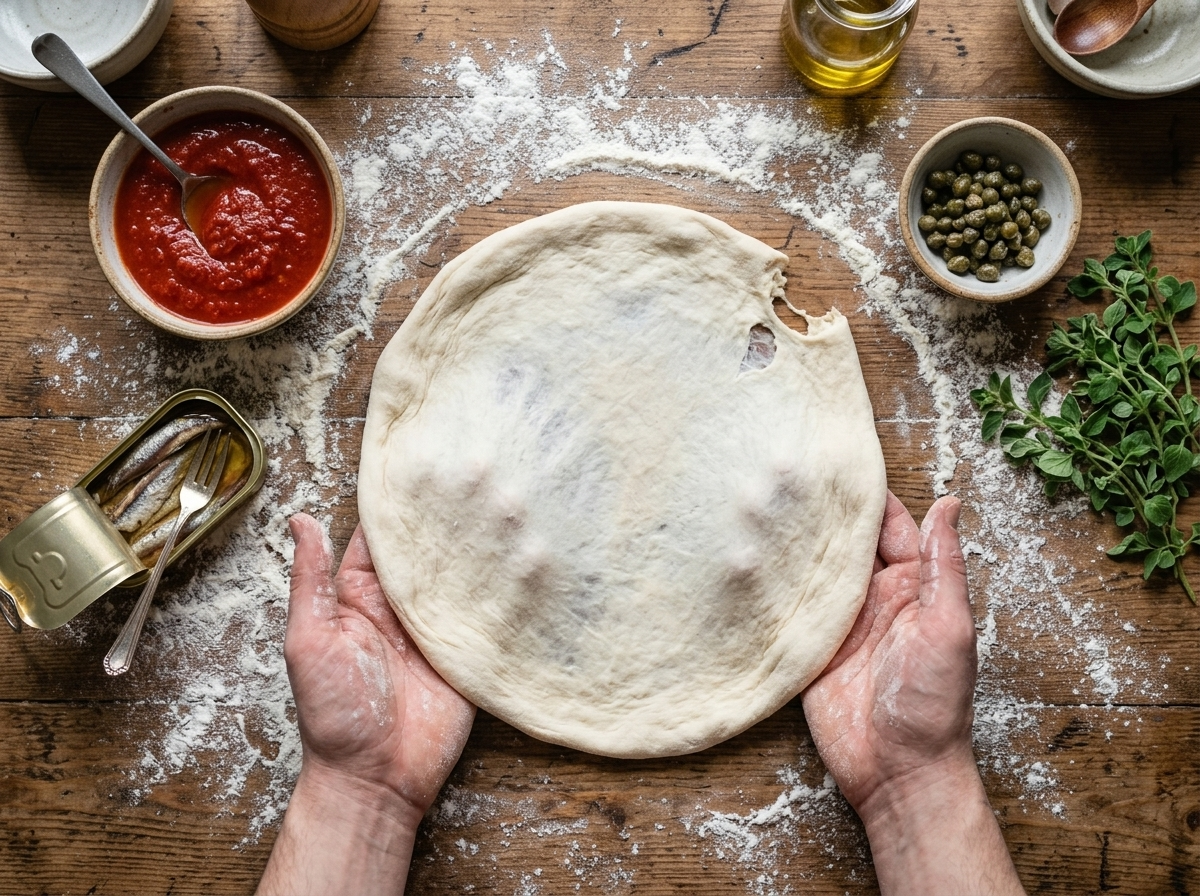 Hands stretching pale pizza dough into a round on a floured wooden surface before topping with tomato and anchovies.
