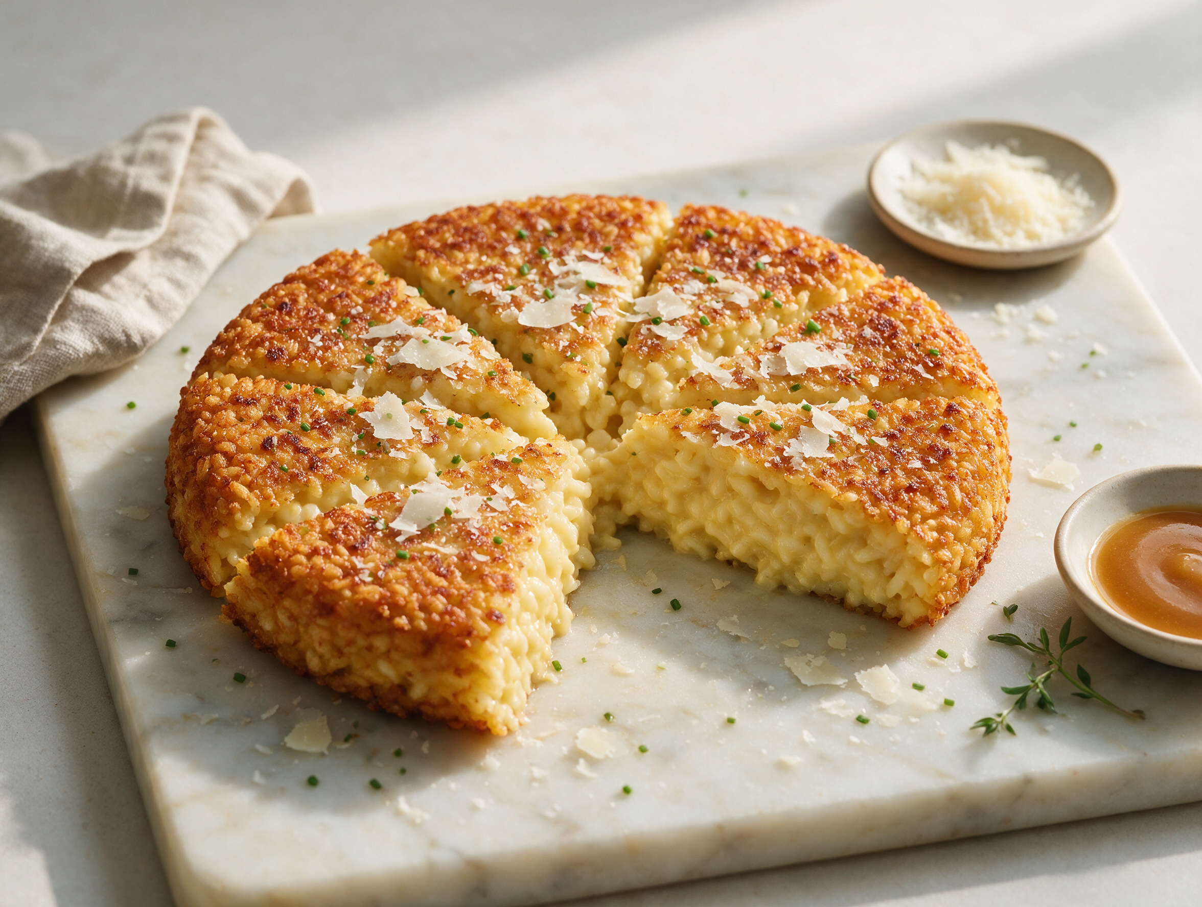 Golden crispy riso al salto cake cut into wedges on a marble board, Parmesan and chives scattered over the crust.