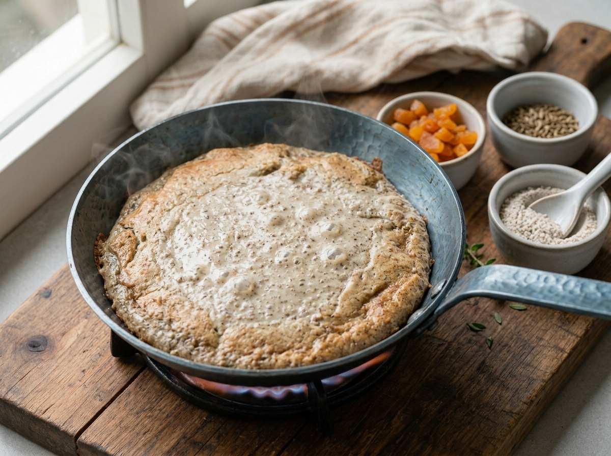 Buckwheat cake batter being folded together in a ceramic bowl, dark fioretto flecks visible against the pale mixture.