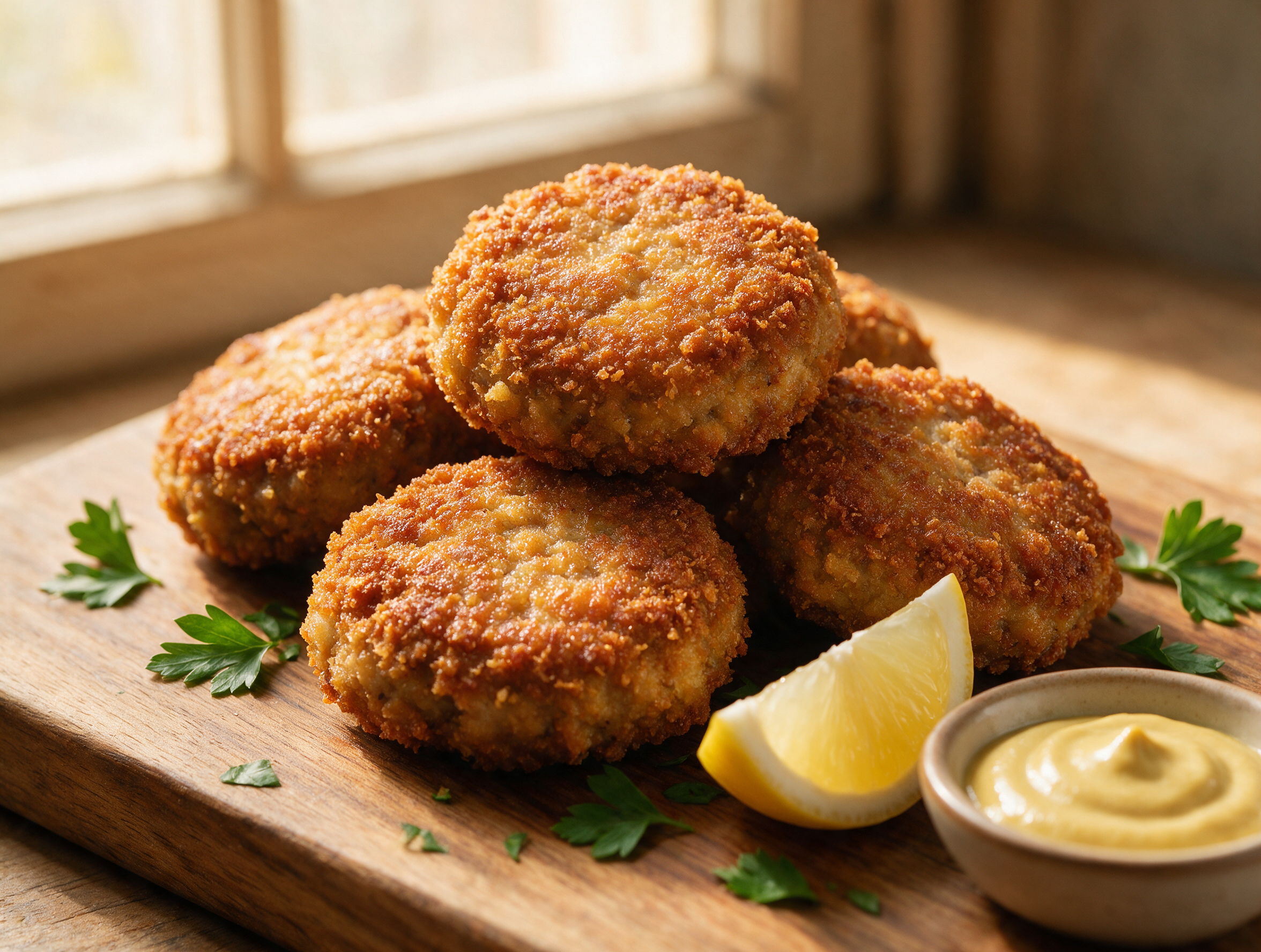Golden fried mondeghili meatballs stacked on a wooden board with parsley and a wedge of lemon nearby.
