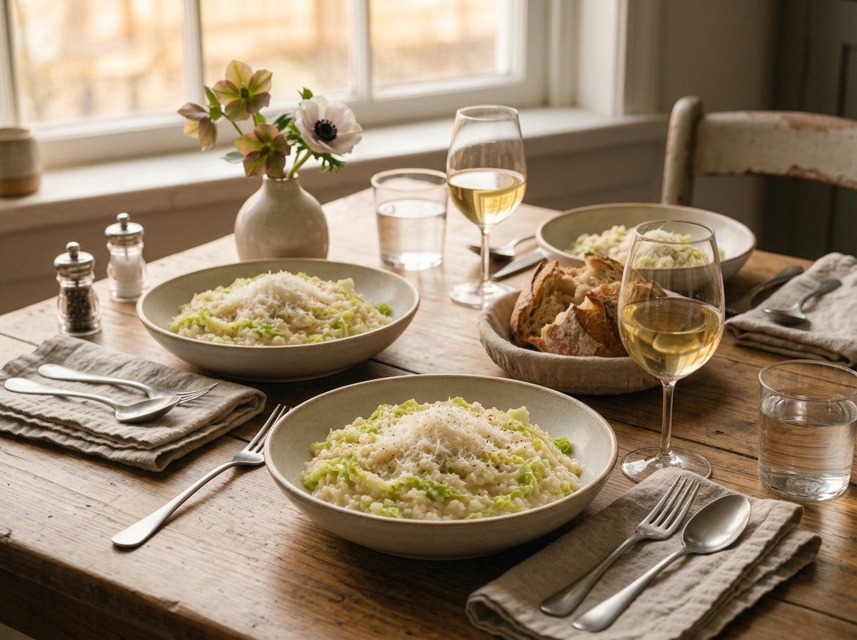 Two bowls of cabbage risotto on a wooden table beside a glass of white wine and crusty bread in evening light