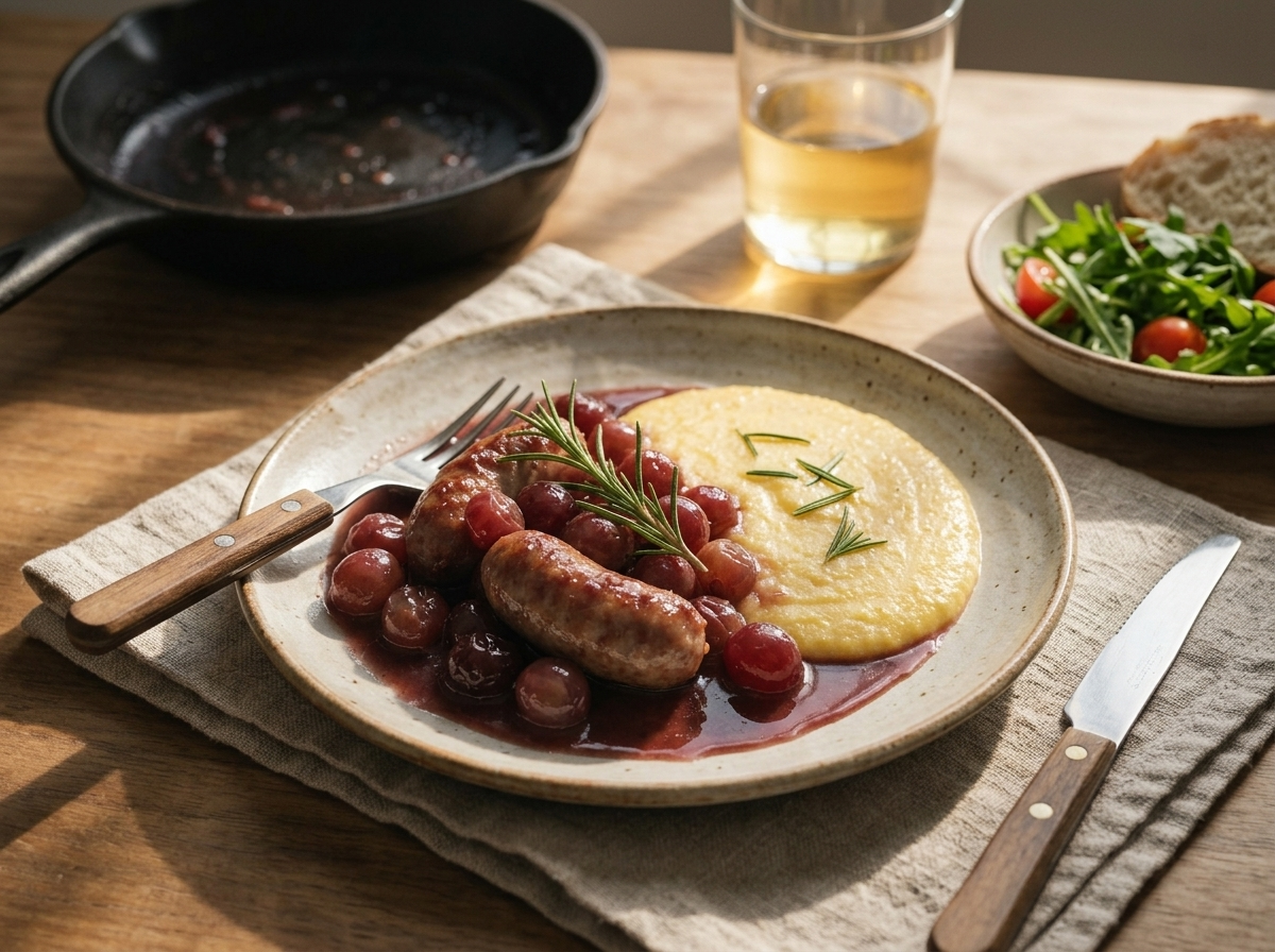 A rustic plate of sausage with grapes and sauce beside soft polenta, linen napkin and glass of white wine on the table.