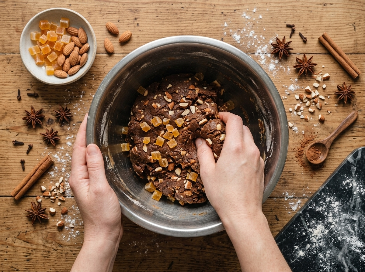 Hands kneading spiced honey cookie dough studded with chopped almonds and candied orange peel in a steel bowl.