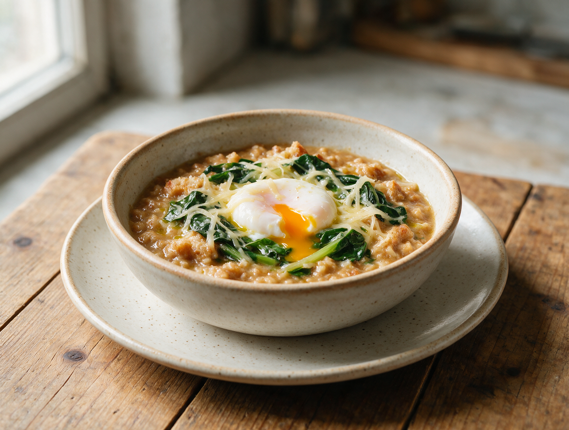 Overhead view of pancotto della Valtellina with a runny poached egg, melted Casera, and wilted chard in a ceramic bowl.