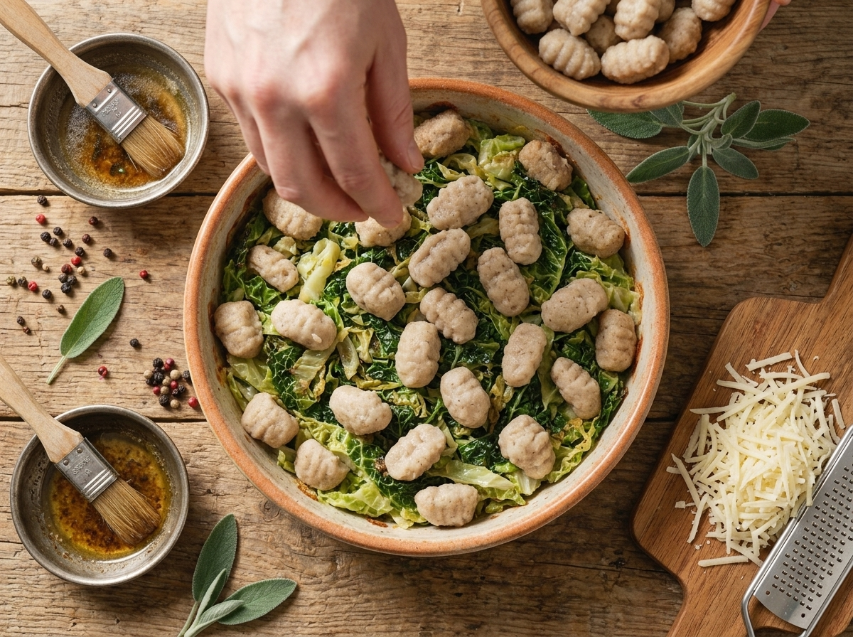 Cook layering boiled bread gnocchetti and wilted savoy cabbage into a buttered baking dish before adding the cheese topping