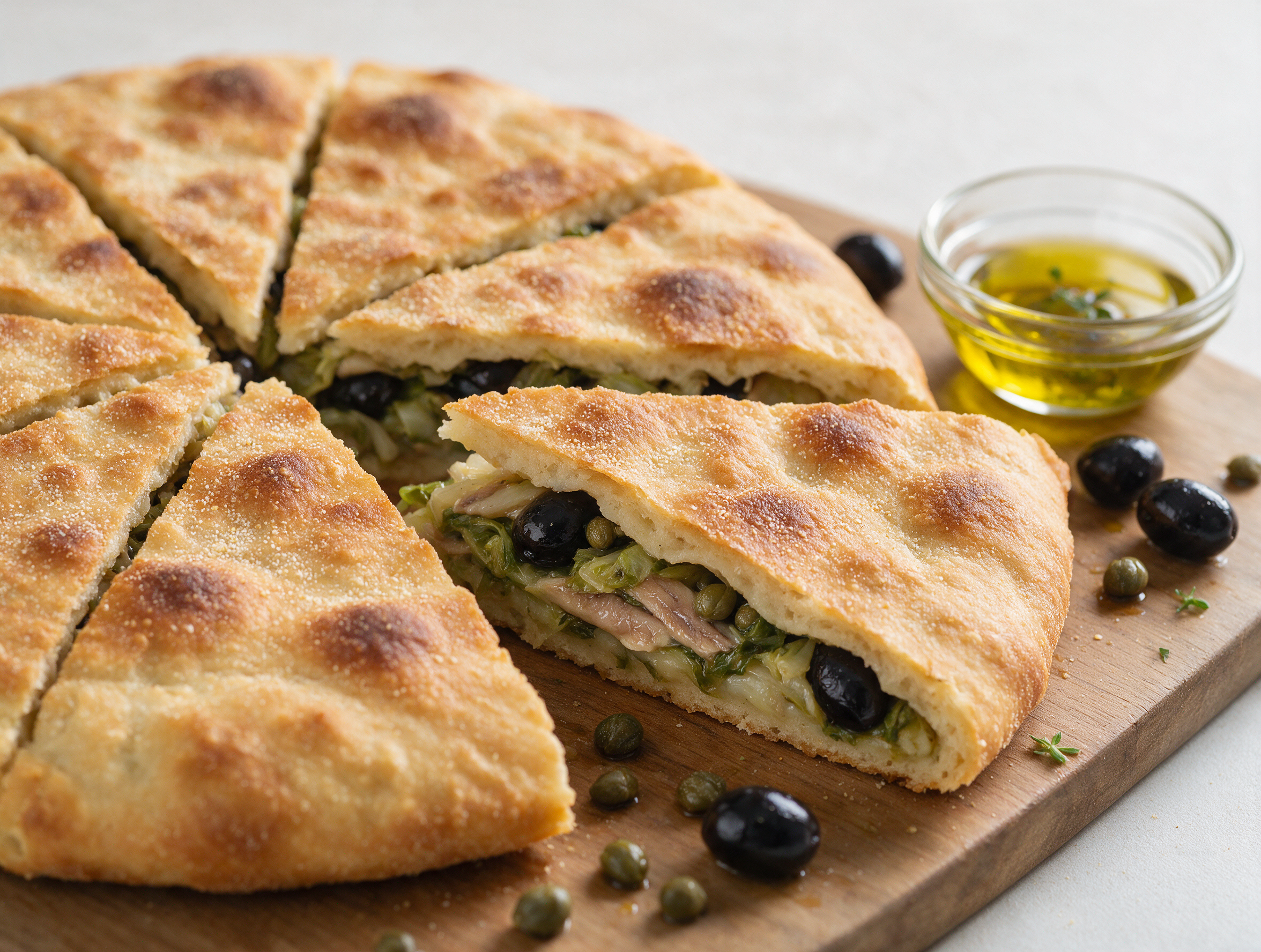 Golden cudduruni salentino sliced into wedges on a wooden board, scarola and olive filling visible inside the crust.