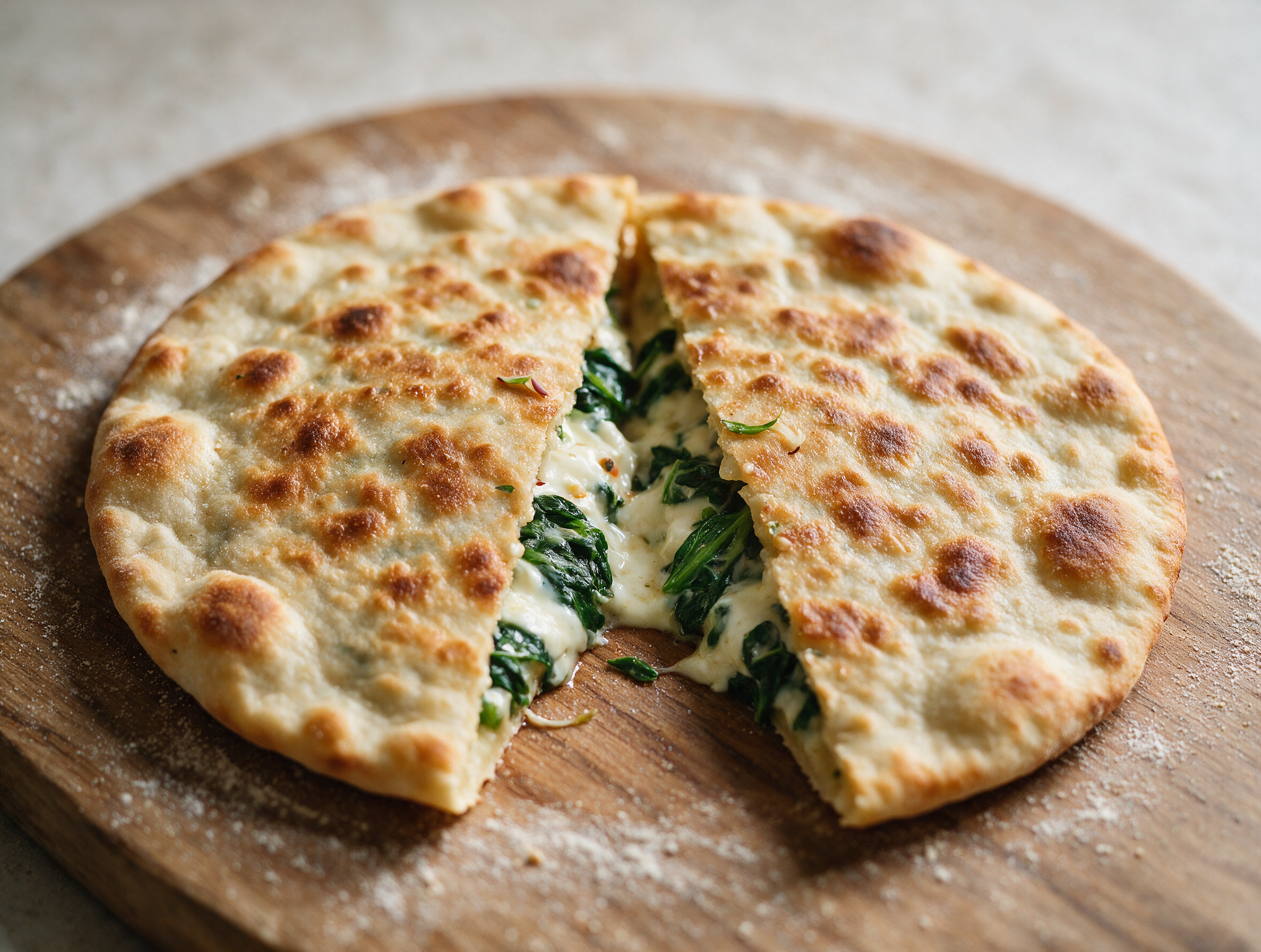 Golden, blistered cassone romagnolo halved on a wooden board, showing melted cheese and wilted greens at the cut edge.
