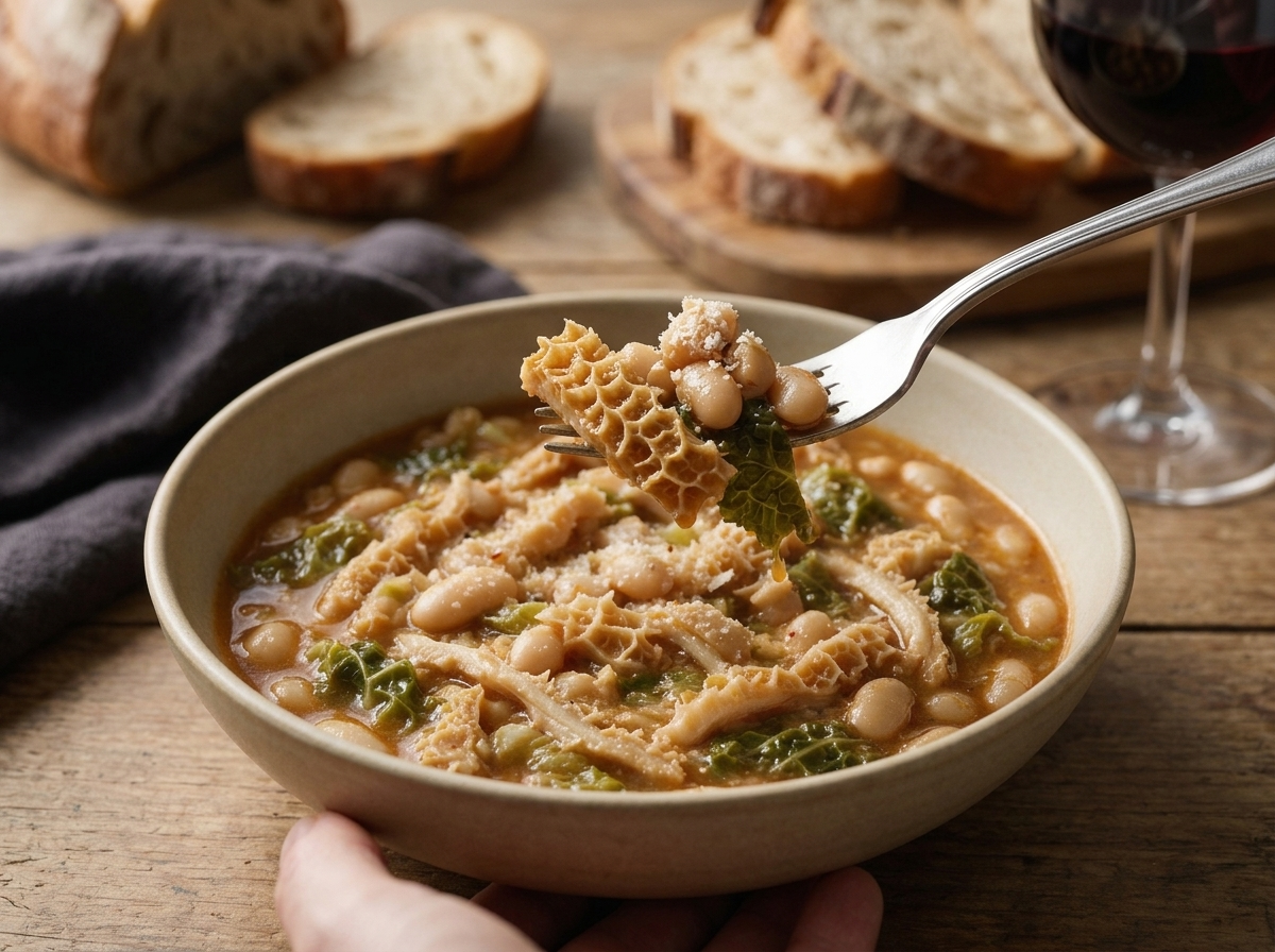 Hands holding a warm bowl of busecca milanese at a rustic table with crusty bread and a glass of red wine nearby