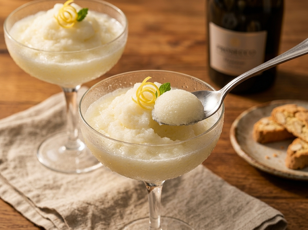 Two glasses of sgroppino al limone on a linen napkin beside a prosecco bottle and biscotti at a softly lit dinner table