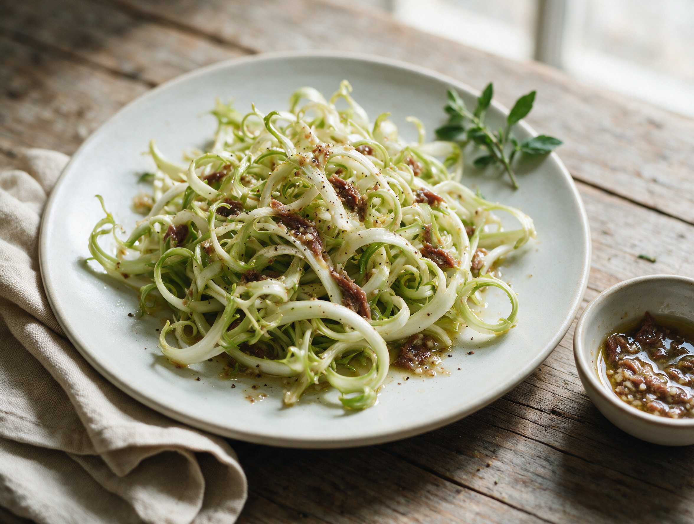 Top-down view of curled puntarelle shoots tossed in anchovy dressing on a white ceramic plate with visible olive oil sheen.
