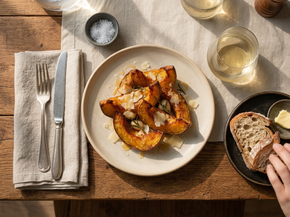 Plate of roasted pumpkin wedges on a linen tablecloth beside a glass of wine and torn bread, a hand reaching for a piece.