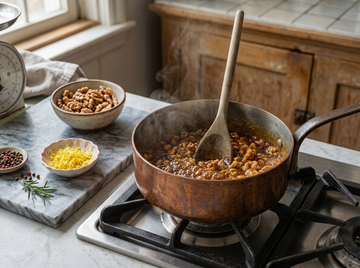 Deep amber sugar and honey caramel bubbling in a copper pot as toasted walnuts are stirred in