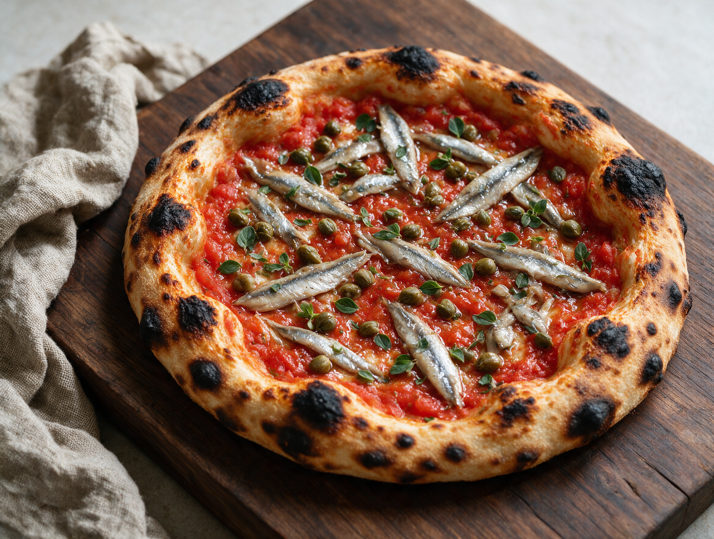 Overhead shot of a charred Neapolitan pizza with anchovy fillets, capers, and torn oregano on a dark wooden board.